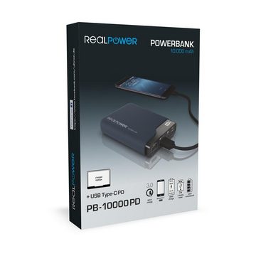 Realpower PB-10000 PD Powerbank Powerbank 10000 mAh, Quick Charge 3.0, USB-C Ladegerät / Ersatzakku für PD Notebooks