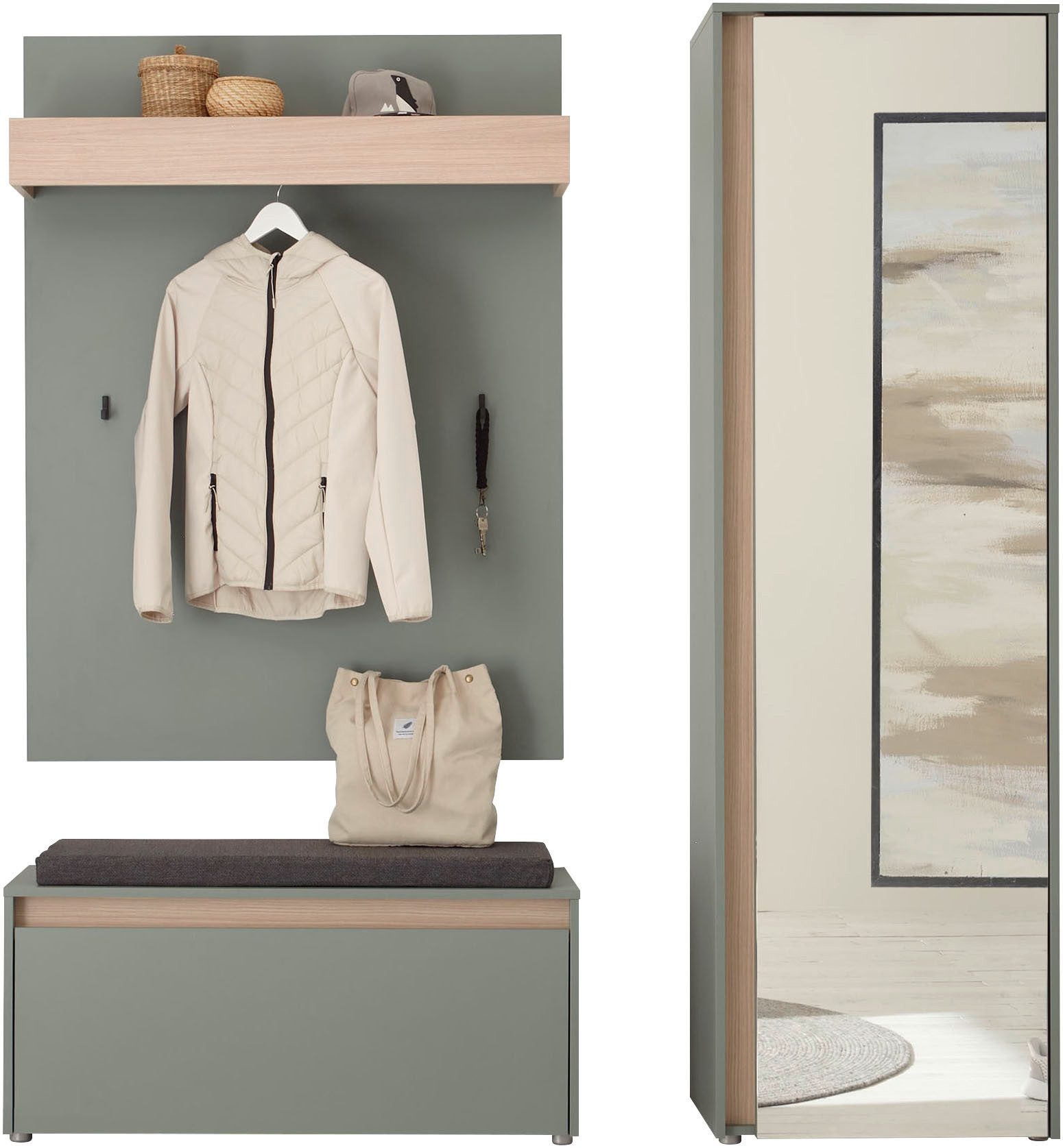 Home affaire Garderoben-Set GIRON/CiTY, moderne Garderobe, Komplettset mit viel Stauraum, (Komplett-Set, 3-St), enthält Garderobenschrank, Paneel, Schuhbank inkl. Sitzkissen