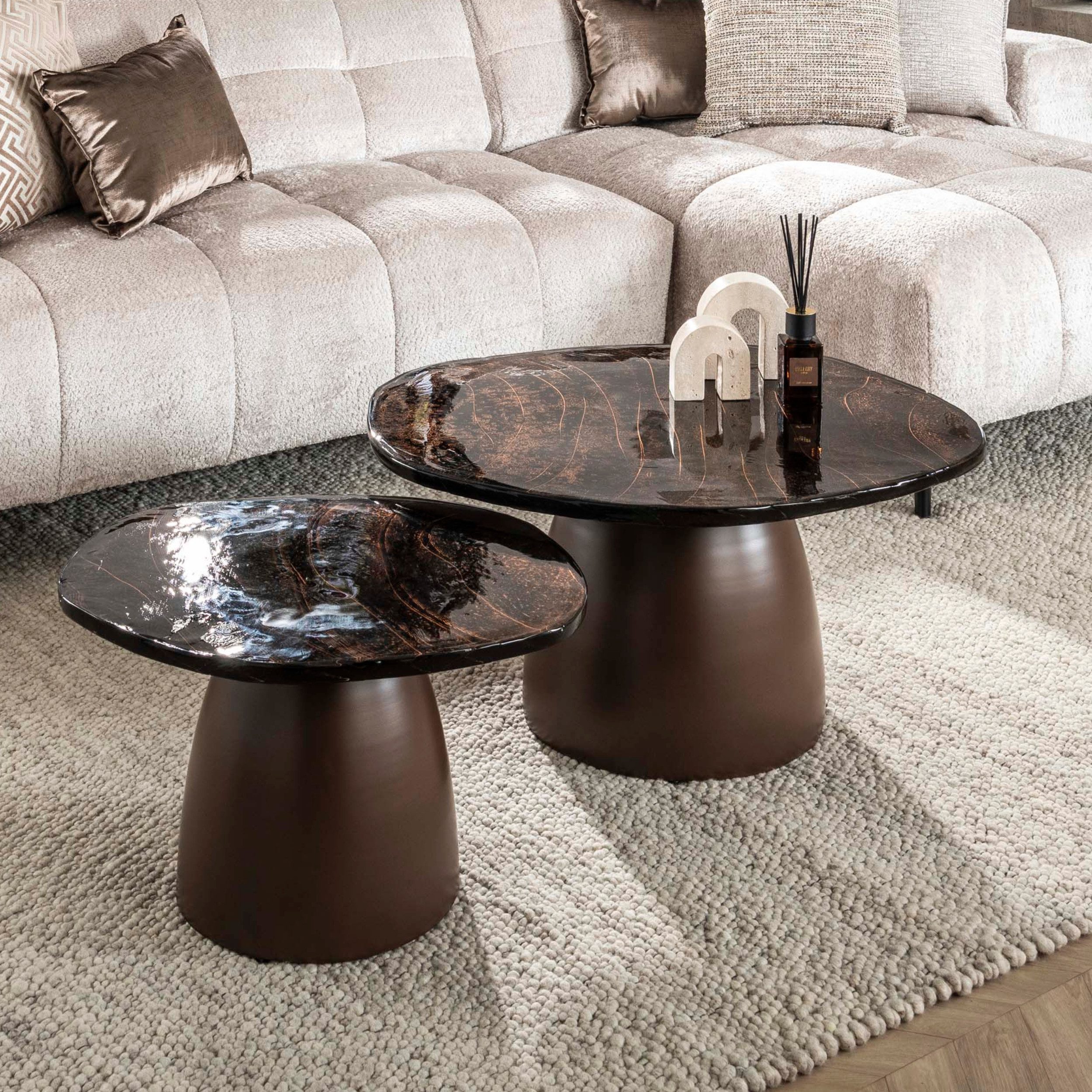 alesvelt Couchtisch ECLIPSE ORGANICO 2-teilige Glastische mit Gussglas & Metallfuß (Set, 2er-Set), Tischplatte aus Gussglas