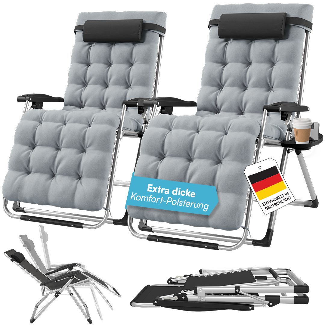 STEELSØN Gartenliege Lysira klappbarer Zero-Gravity-Stuhl, grau/silber, outdoor Liegestuhl, 2er-Set, mit atmungsaktiven Polsterauflagen, Sonnenliege mit Getränkehalter