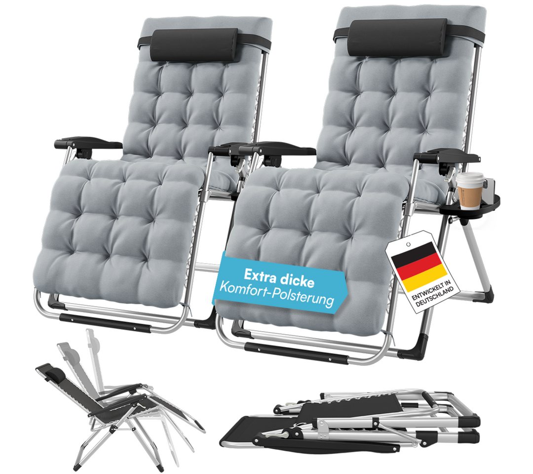 STEELSØN Gartenliege Lysira klappbarer Zero-Gravity-Stuhl, grau/silber, outdoor Liegestuhl, 2er-Set, mit atmungsaktiven Polsterauflagen, Sonnenliege mit Getränkehalter