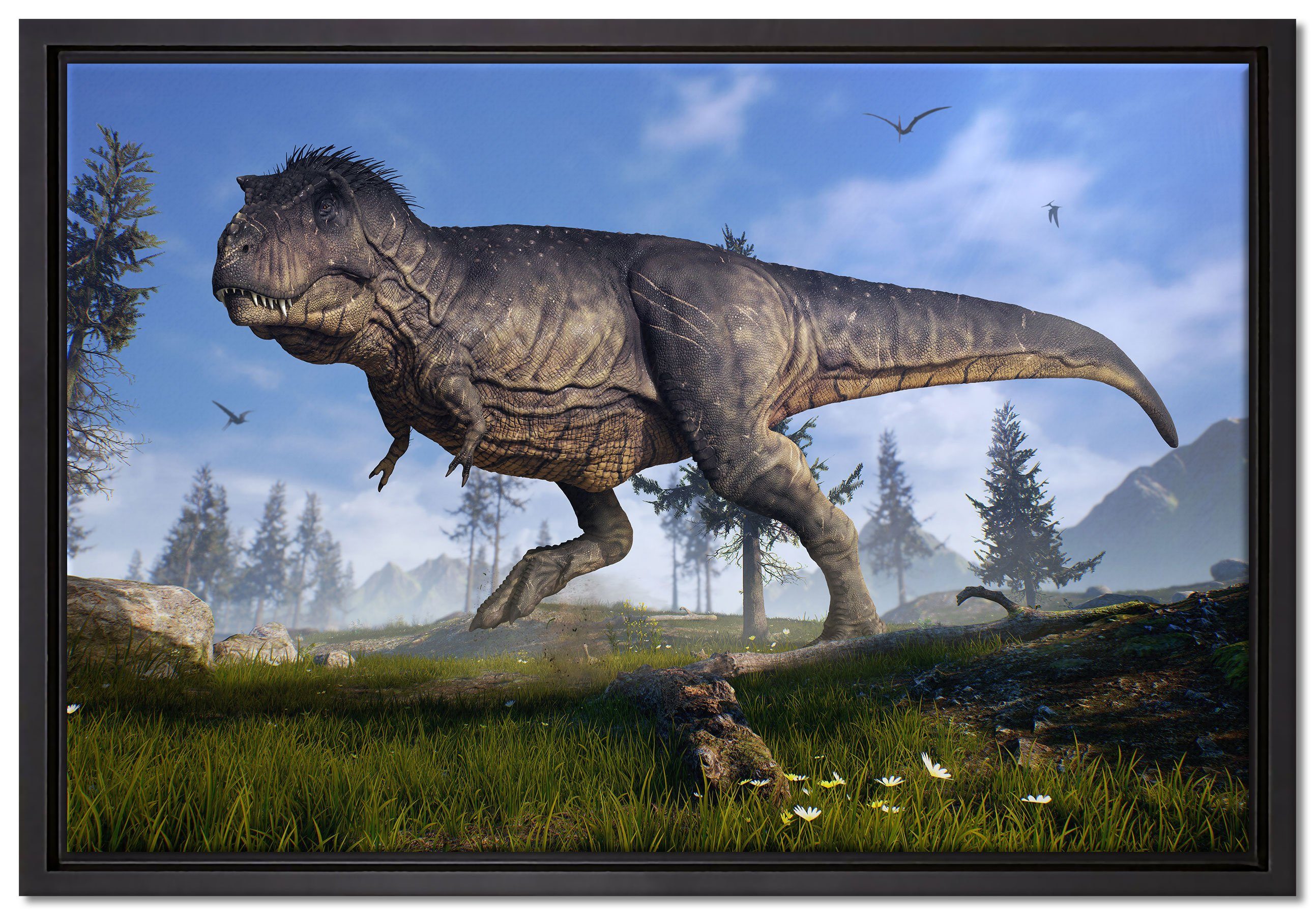 Pixxprint Leinwandbild T-Rex Dinosaurier in der Natur, Wanddekoration (1 St), Leinwandbild fertig bespannt, in einem Schattenfugen-Bilderrahmen gefasst, inkl. Zackenaufhänger