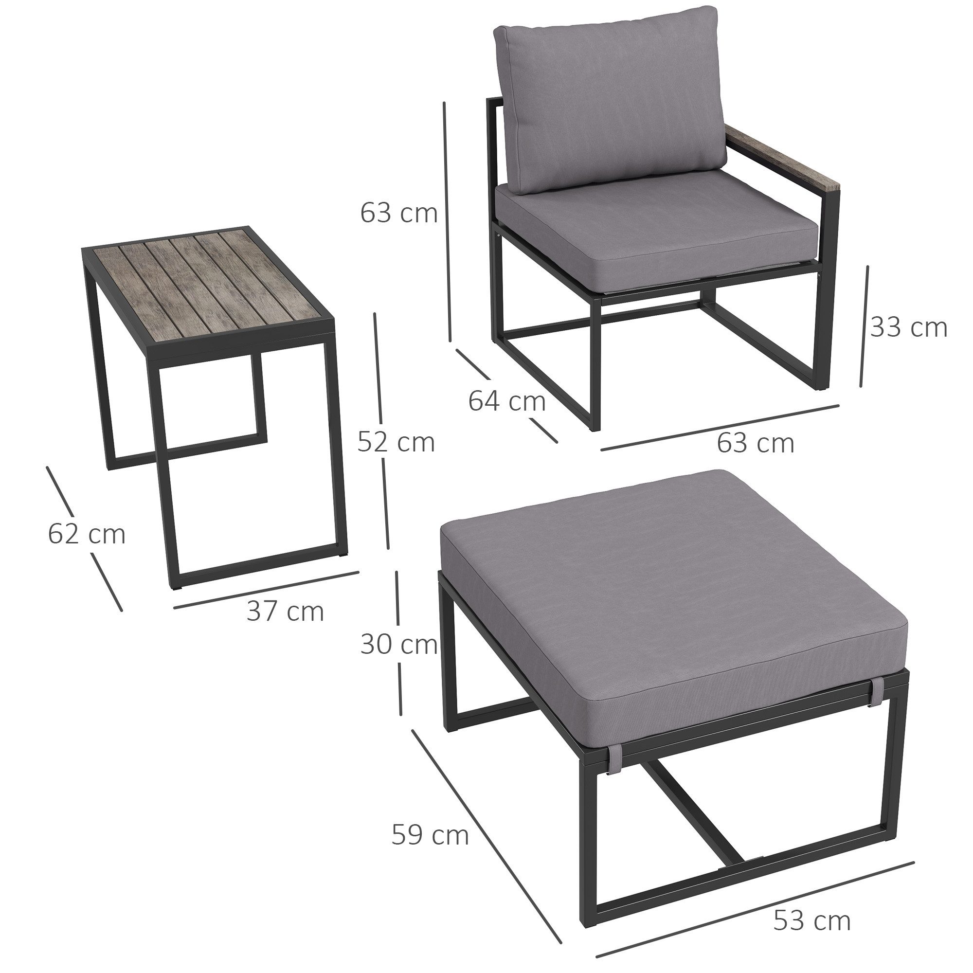 Outsunny Sitzgruppe 2 Personen, aus Stahl, mit 2 Sessel, Sitzkissen, Beistelltisch, Hocker, (Gartenmöbel-Set, 5-tlg., wetterfest Balkonmöbel-Set), Gartengarnitur für Garten, Terrasse, Balkon, Grau