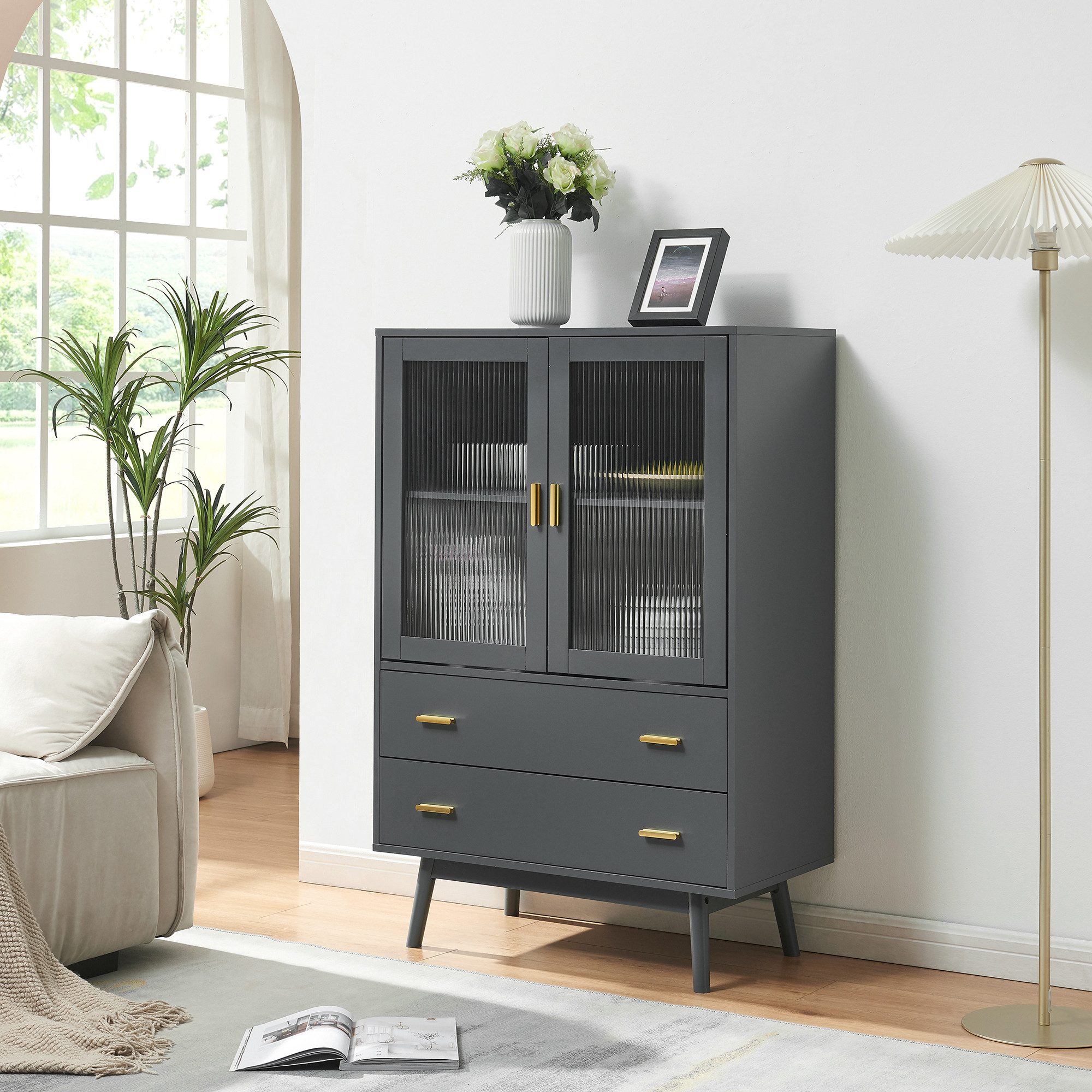 en.casa Vitrine »Susa« mit 2 Türen und 2 Schubladen 120 x 80 x 40 cm Grau günstig online kaufen