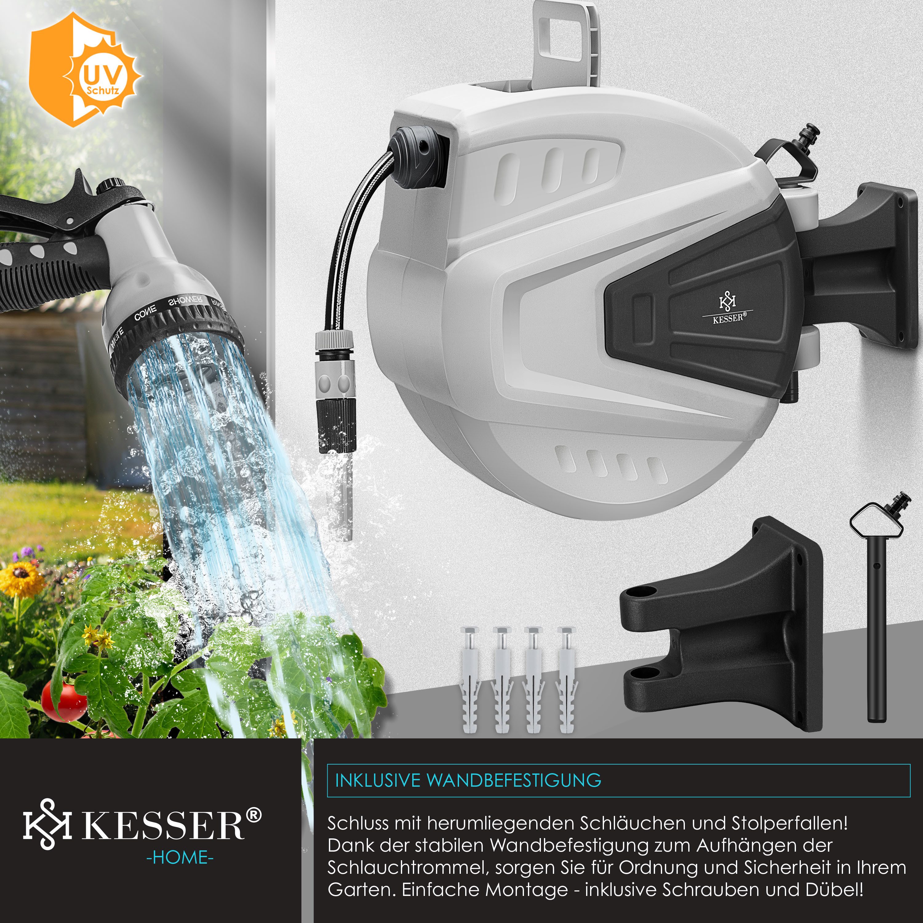 KESSER Gartenschlauch, Schlauchtrommel Wasser Schlauchaufroller + 2-Wege-Verteiler