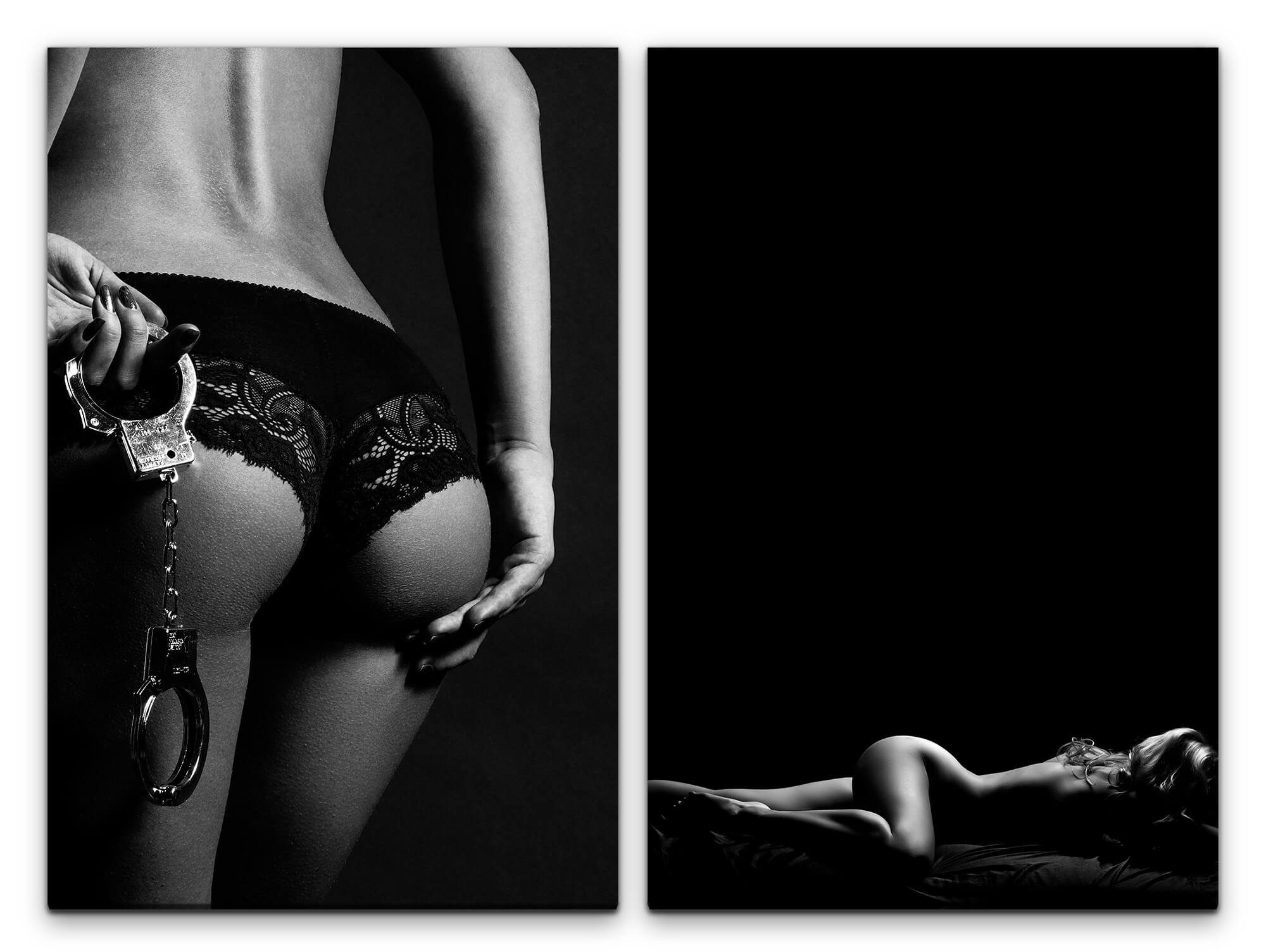 Sinus Art Leinwandbild 2 Bilder je 60x90cm Akt Erotisch Dessous Handschellen Sexy Schwarz Weiß Schlafzimmer