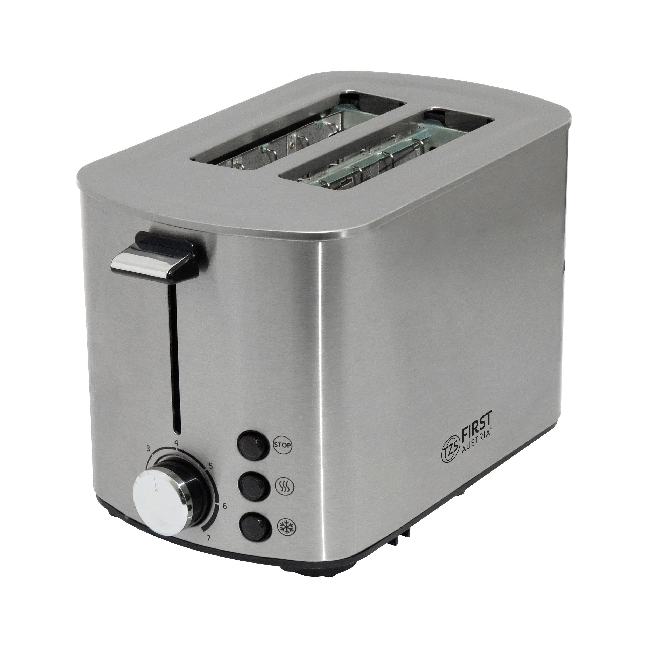 TZS FIRST AUSTRIA Toaster Edelstahl, 2 Scheiben, 850W, 7 Stufen, Warmhaltefunktion, für, 850 W, abnehmbarer Brötchenwärmer, Krümelschale