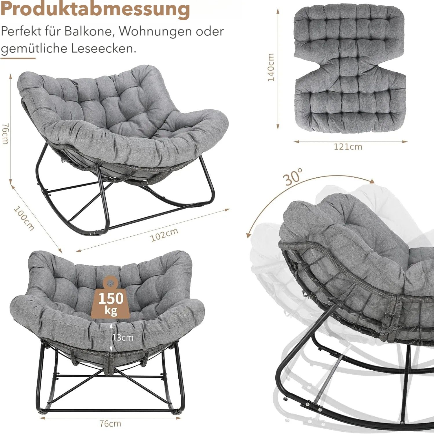 TLGREEN Schaukelstuhl mit Rattan,elegante Eiform, leiser Schaukelkomfort,dickem Abnehmbar Polster & Metallrahmen, Belastung von 150kg