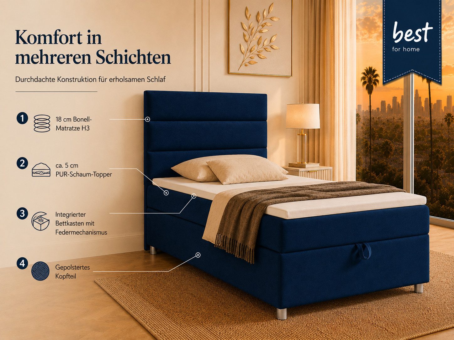 Best for Home Boxspringbett Trinity K-4 Single 5cm Topper Bonell Bettkasten (Einzelbett, Polsterbett mit gepolstertes Kopfteil, Jugendbett, Kinderbett versch. Größen, 1-St., 70x200 80x200 90x200 100x200 cm), Stauraum; ergonomischer Schlafkomfort; modernes Design