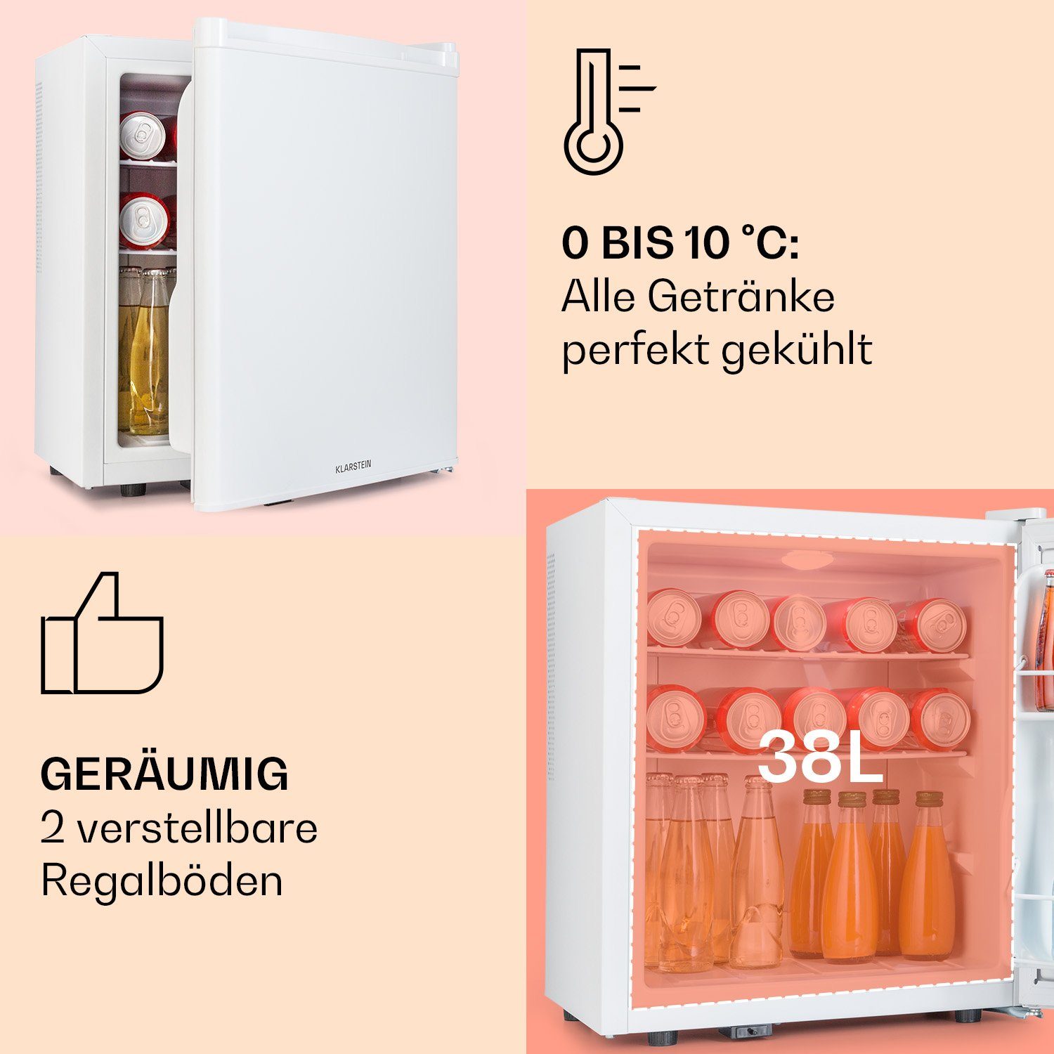 Klarstein Table Top Kühlschrank HEA3-HappyH-38l-WHC 10046361, 51 cm hoch, 43 cm breit, Bier Hausbar Getränkekühlschrank Hotel Mini Fridge