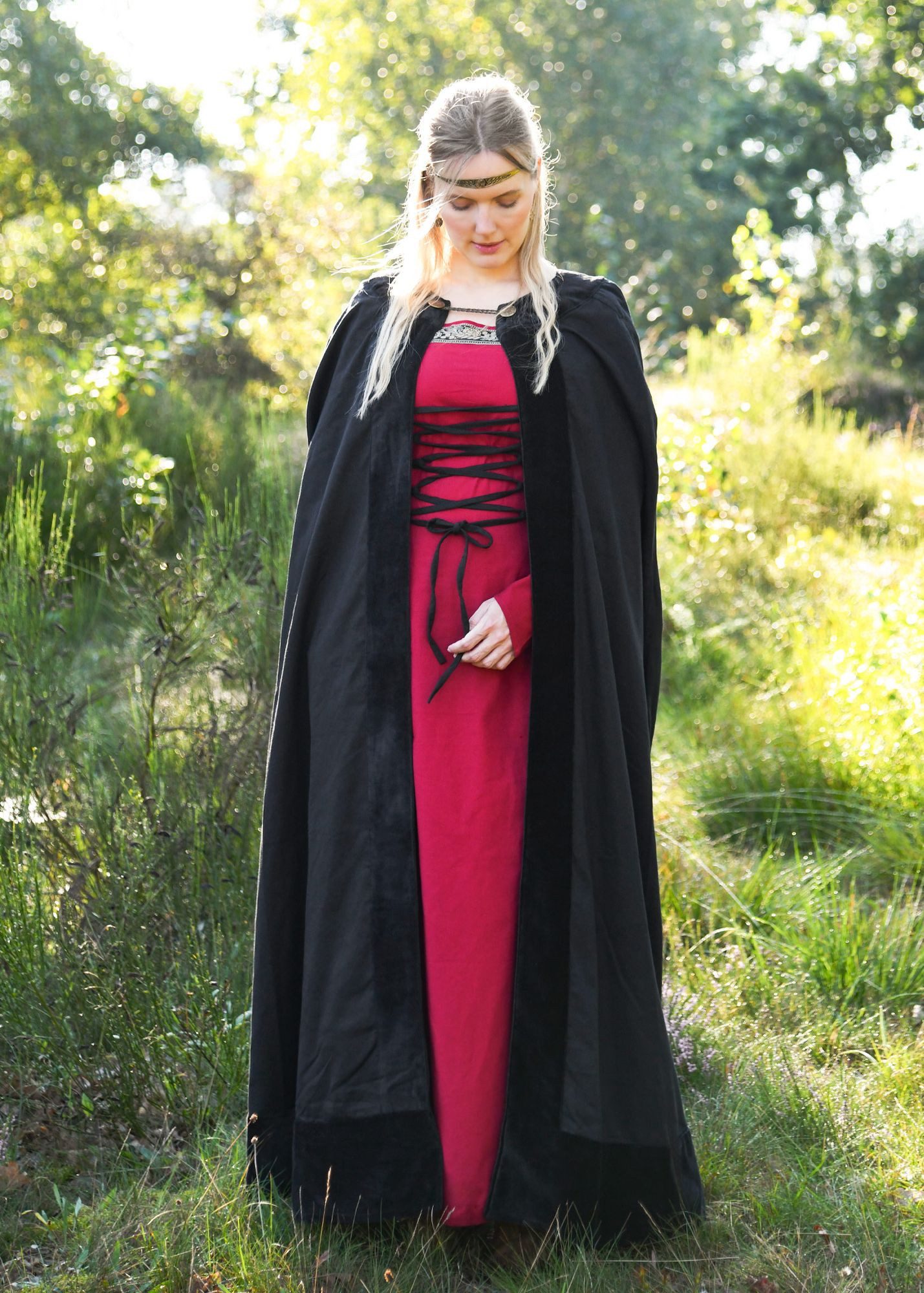 Battle Merchant Kostüm Mittelalter Umhang mit Samt-Besatz, schwarz