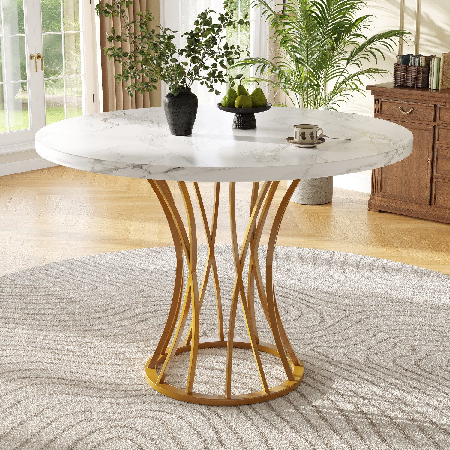 ANYSUN Essgruppe Runder Küchentisch,Tisch für 4-6 Personen, (80 x 80 x 76 cm leichter und luxuriöser runder), geeignet für Esszimmer und Wohnzimmer, MDF marmorierte Tischplatte