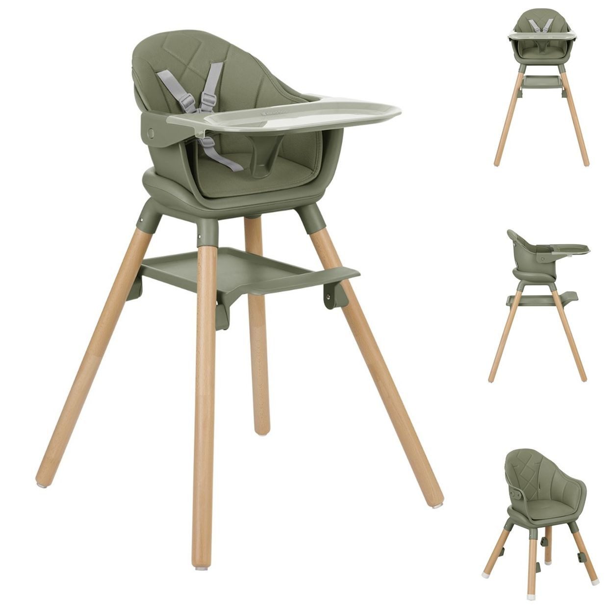Kikkaboo Kombihochstuhl Woody 3 in 1, Holzbeine, Tablett, Fußstütze, Sicherheitsgurt, 3-in-1-Funktion