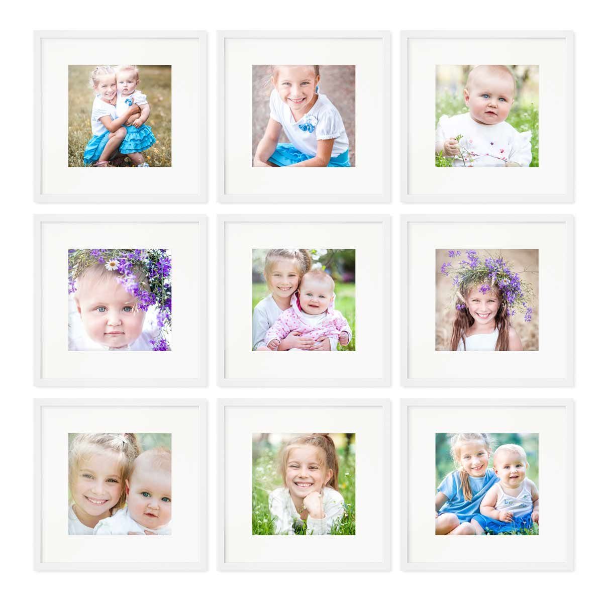 Bilderrahmen PHOTOLINI 30x30 cm mit Schmal Weiss Passepartout Set 9er Modern