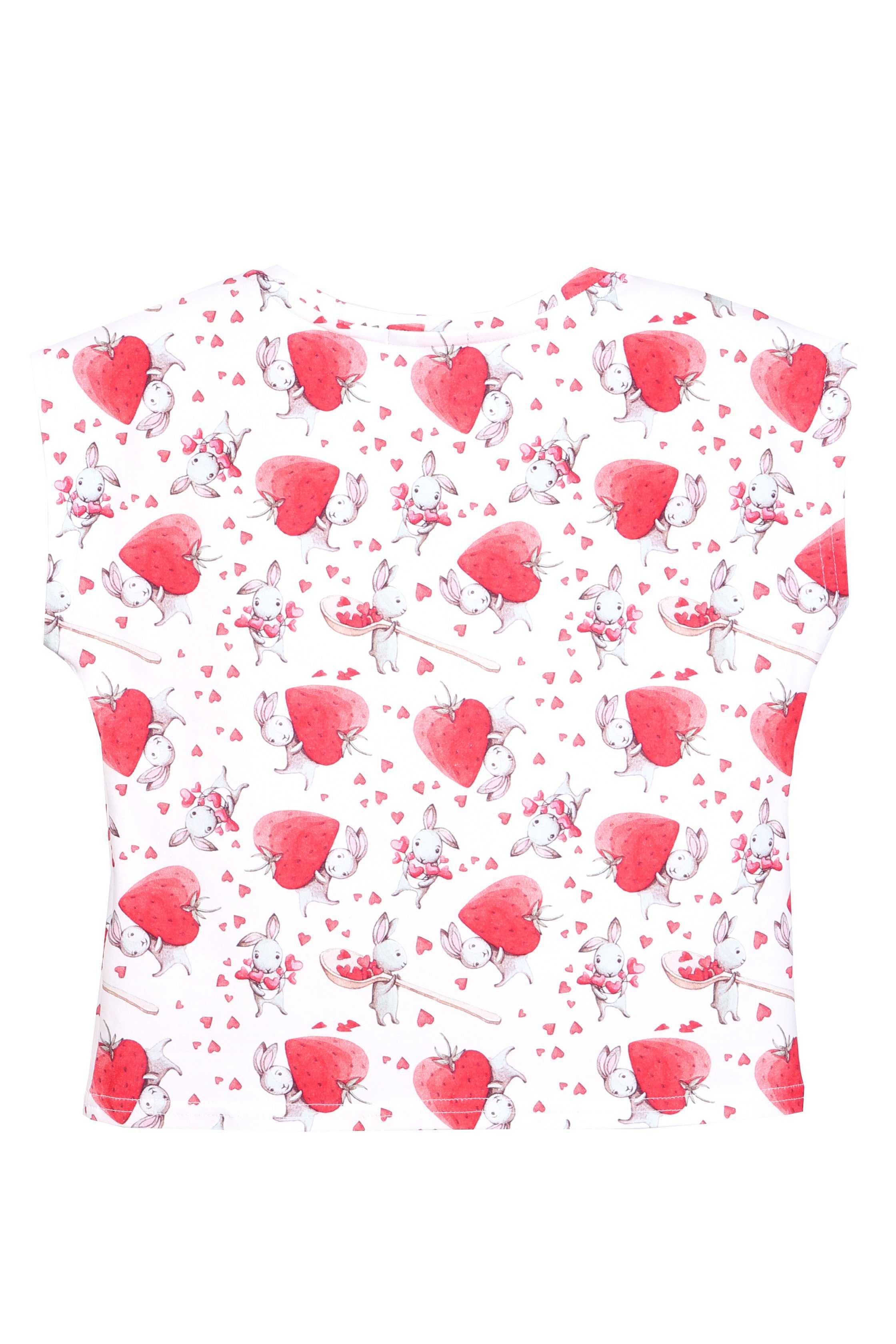 Mädchen T-Shirt mit Print-Shirt für Alloverprint, coolismo Erdbeeren-Häschen-Motiv Rundhalsausschnitt, Baumwolle