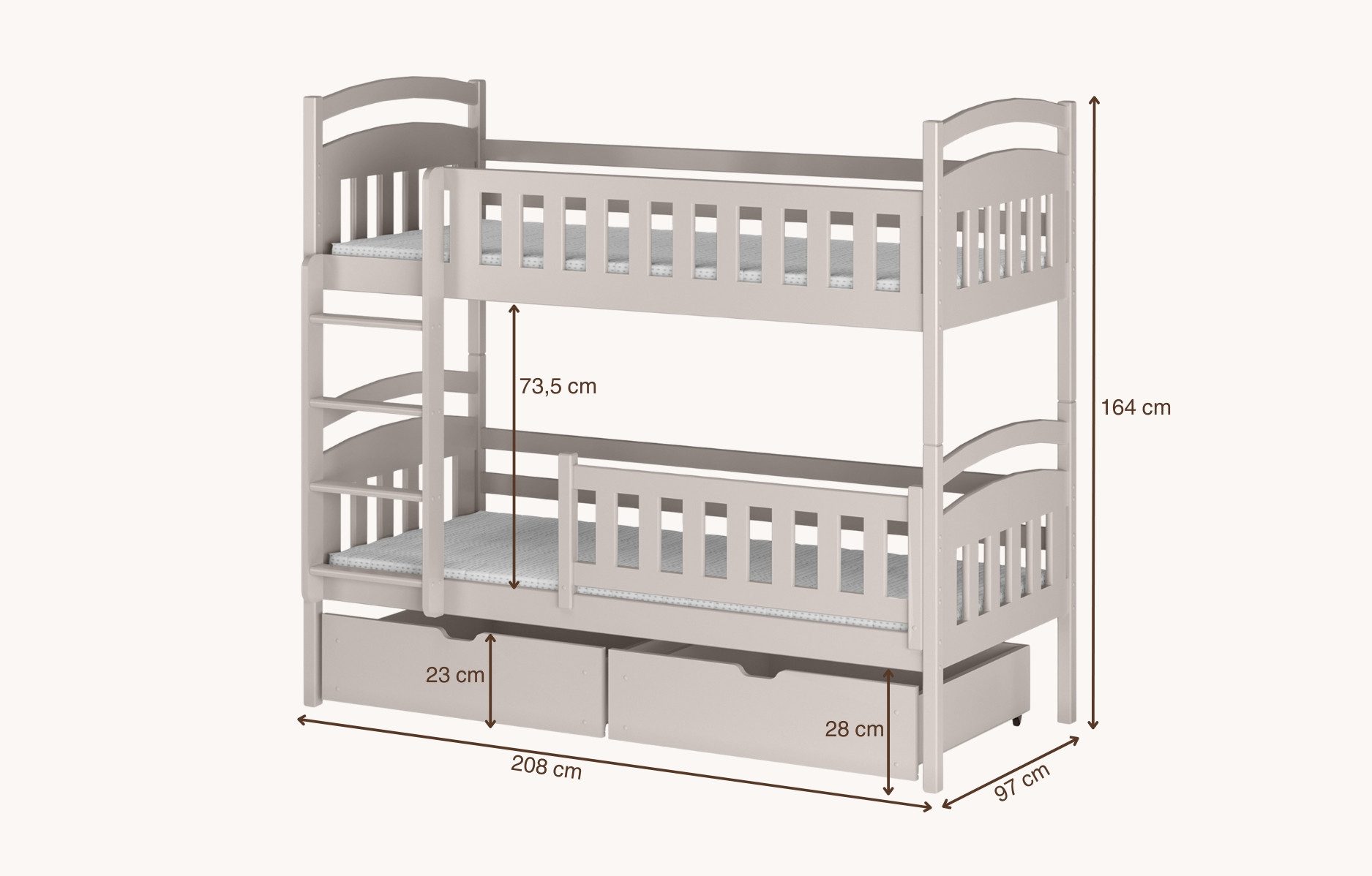 Kids Collective Etagenbett Hochbett Kinderbett 90x200 umbaubar in zwei Einzelbetten (Modell 2025), 90x200 mit zwei Schubladen Lattenrost Rausfallschutz Vollholz Kaschmir