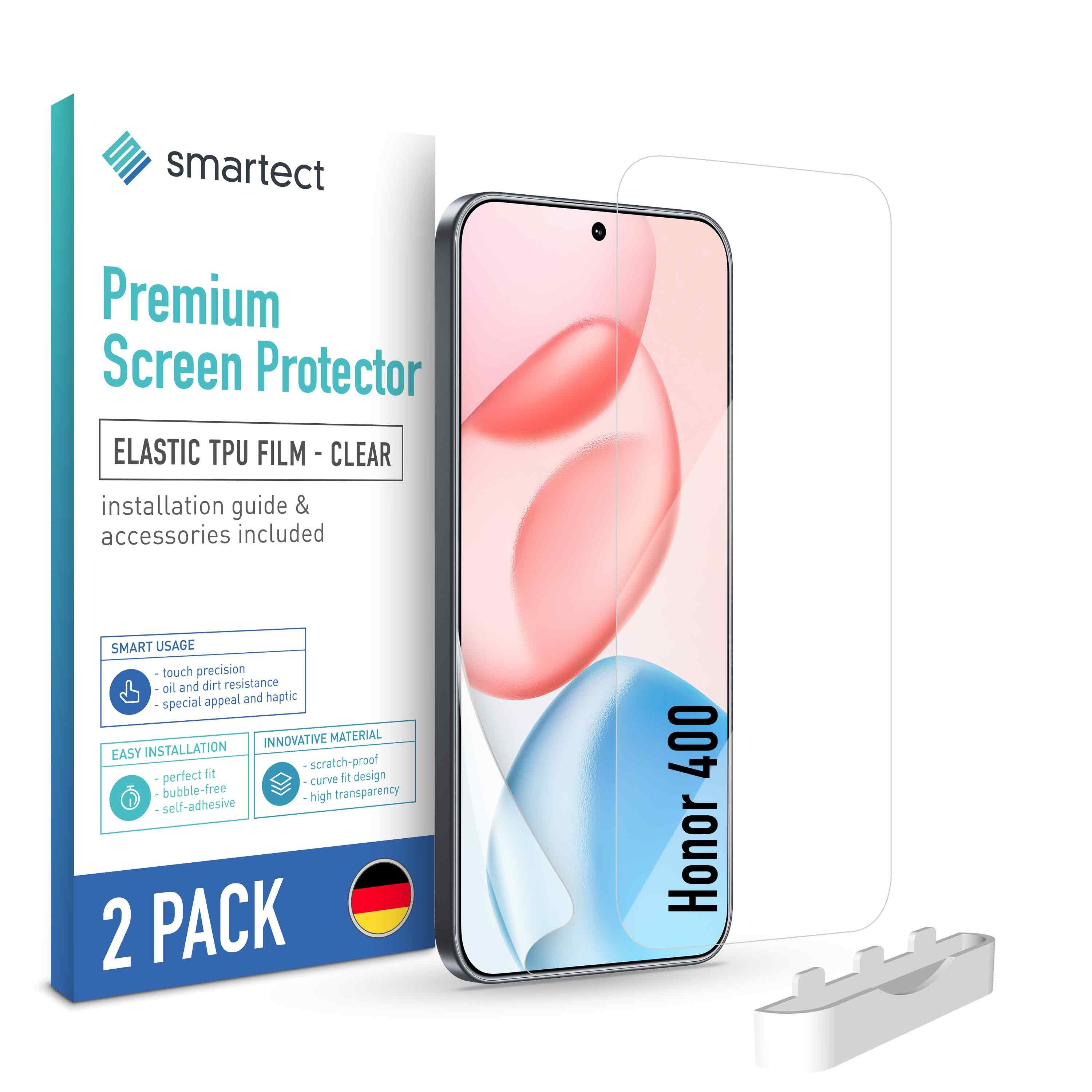 smartect Displayschutzfolie 2X TPU Schutzfolie Klar für Honor 400 für Honor 400, Set, 2 Stück, Ultra-klar, Kratzfest, Blasenfrei, Oleophob, Fingerabdruck kompatibel