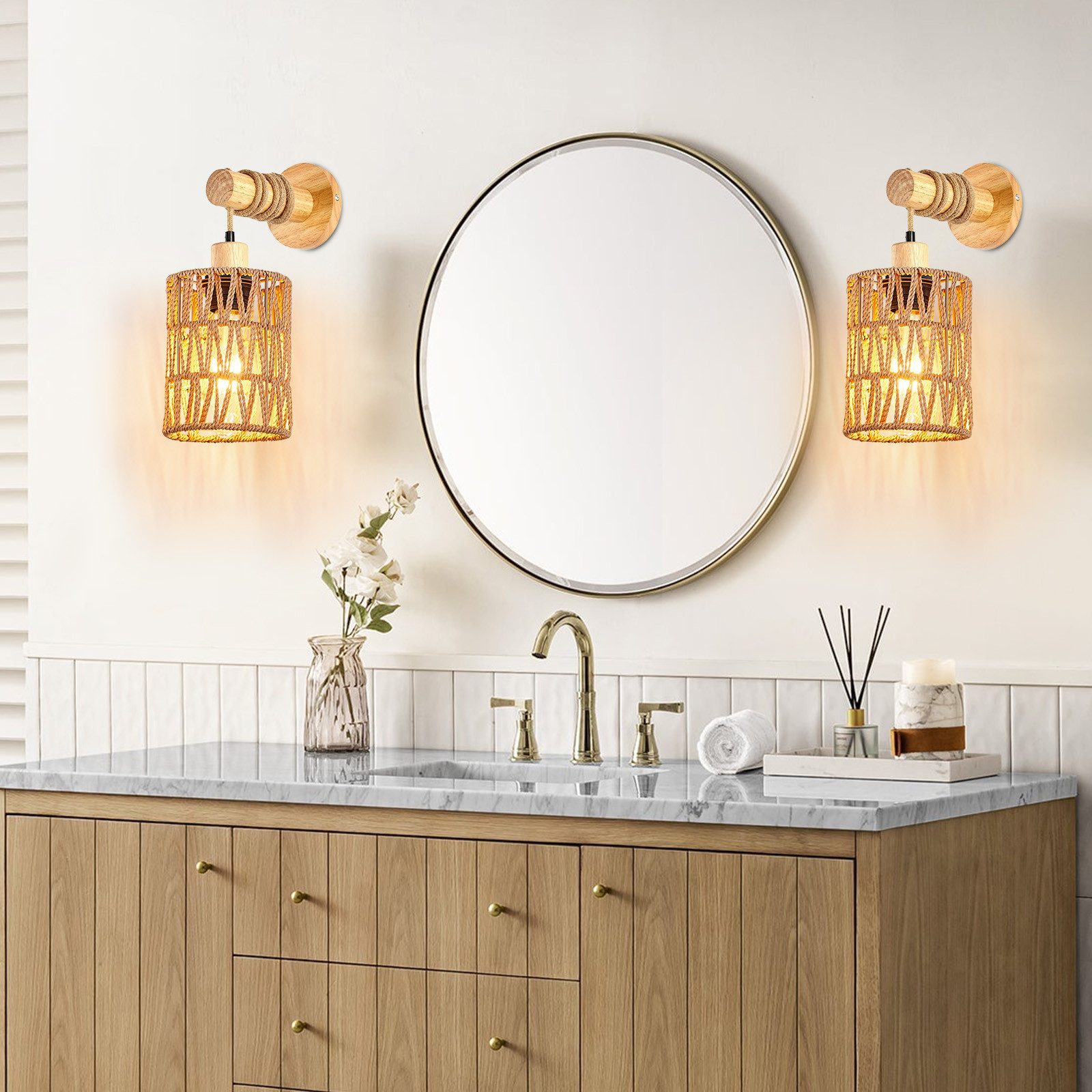 MUPOO LED Wandleuchte Vintage Innen Wandleuchte,E27 Retro Holz Wandlampe, Warmweiß Glühbirne, LED fest integriert, mit Rattan Lampenschirm,Handgewebte im Farmhouse - Stil