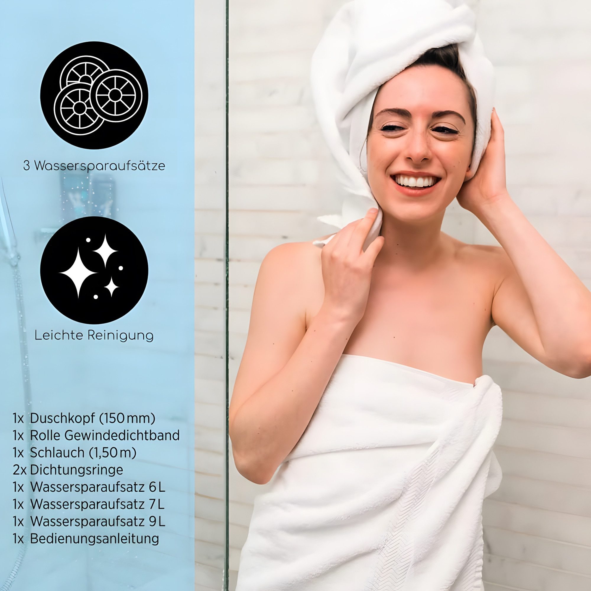 Bath4U Duschbrause Duschkopf 150mm & 3/4 Zoll Anschluss 7 Strahlarten inkl. Schlauch 1,5m, Wassersparend & Einfache Montage Inkl. Zubehör & Gewindedichtband – Bild 5 von 5