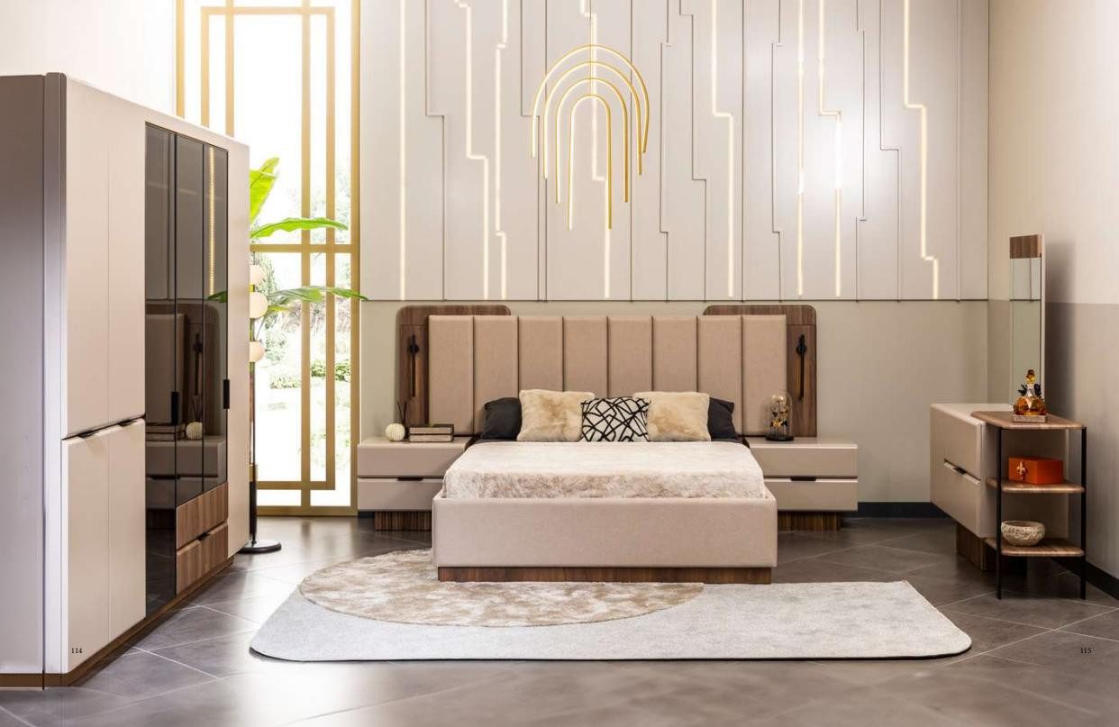Schlafzimmer-Set Doppelbett Garnitur Nachttische Beige Stoff 5tlg Schmink Schrank Bett