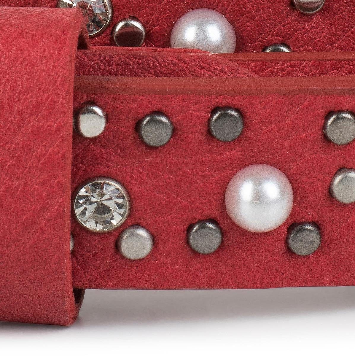 Nietengürtel Synthetikgürtel styleBREAKER Perlen mit und Bordeaux-Rot Strass Schmaler