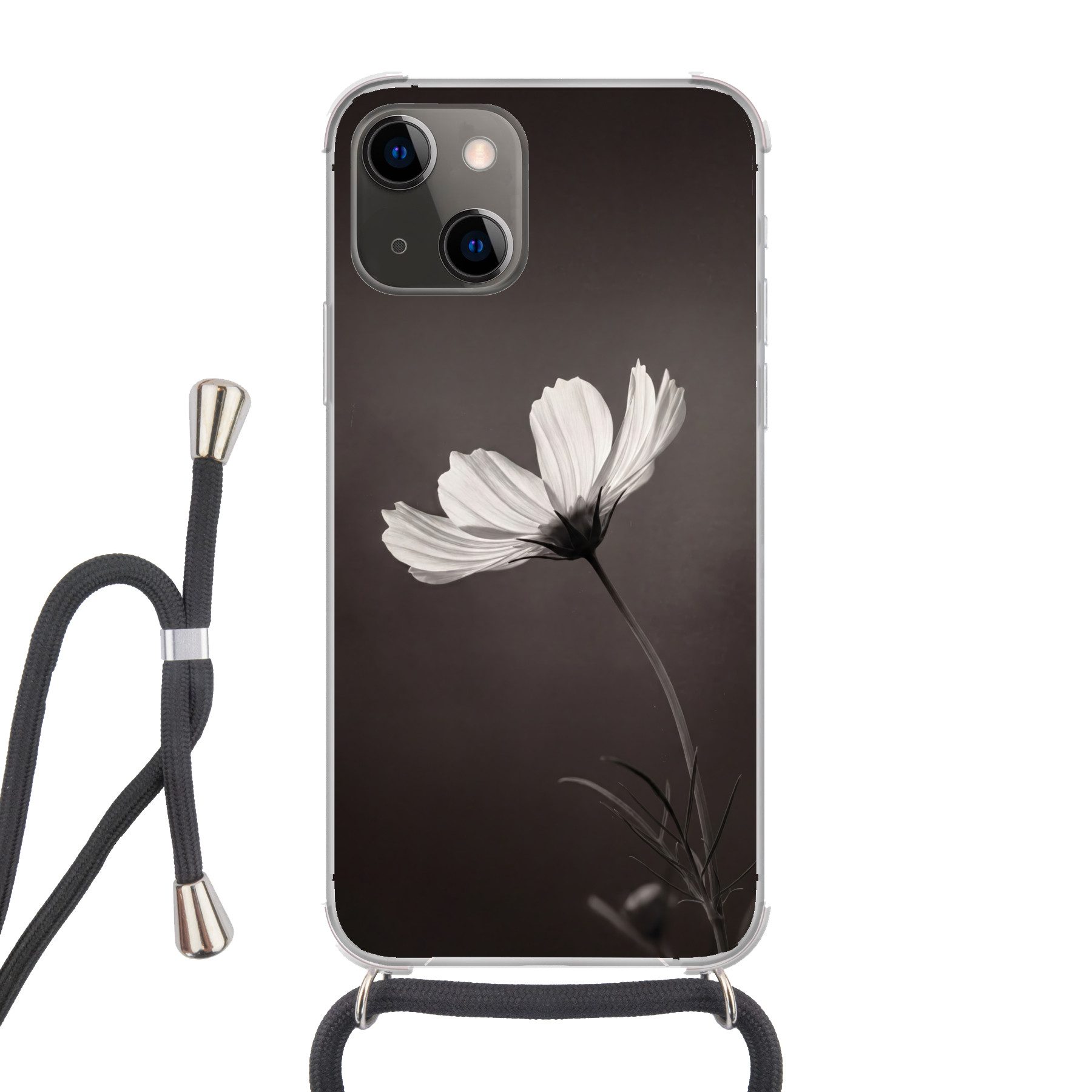 MuchoWow Handyhülle für Apple iPhone 13 Mini Blume - Minimalistisch - Schwarz - Weiß, Tragbare Handyhüllen mit Kette zum umhängen, Handykette Handyband