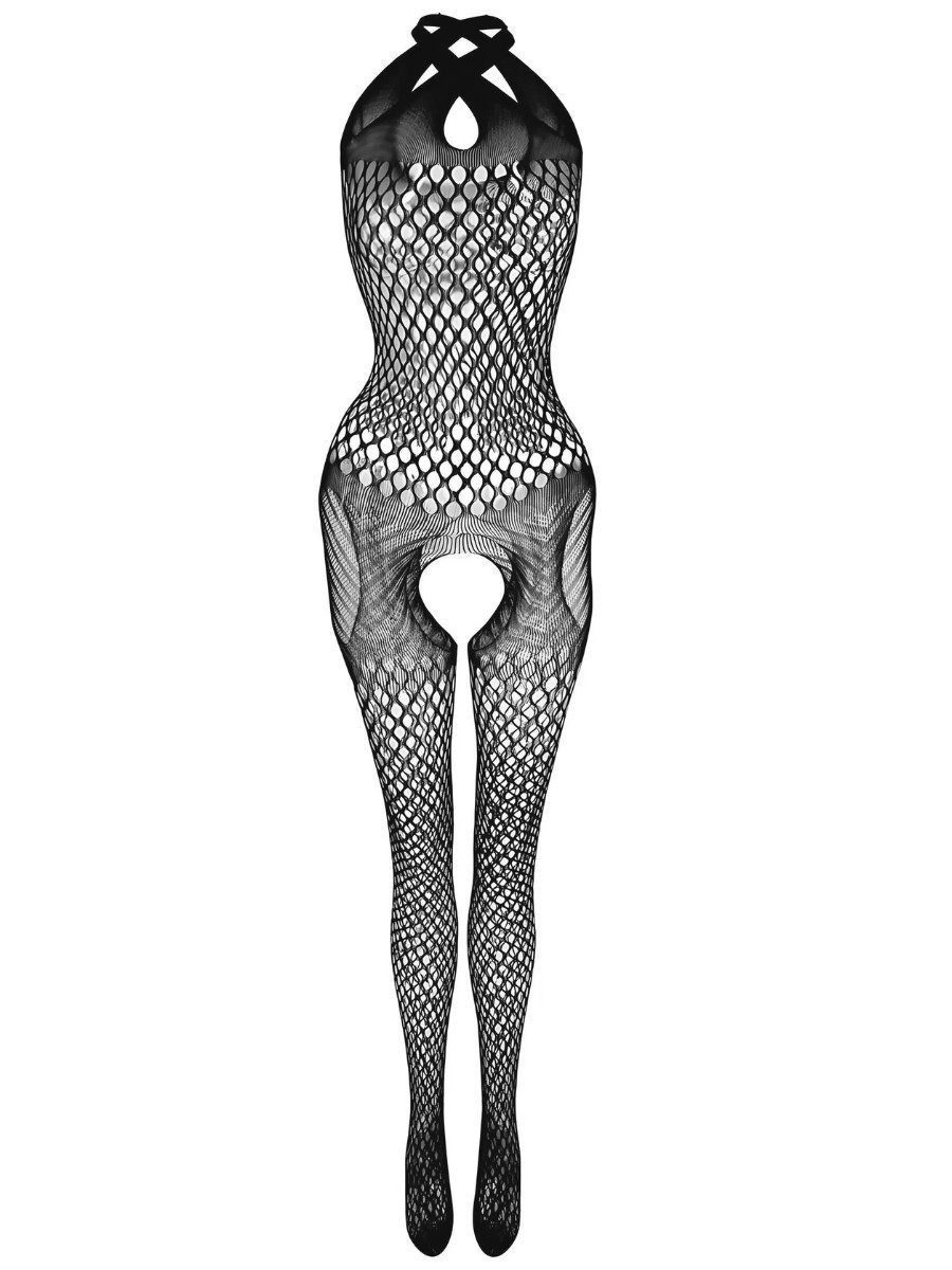 Elegant Love Bodystocking-Ouvert Neckholder Fischnetz Catsuit, Strumpfbody mit offenem Schritt Stilvolles Dessous, S–XL