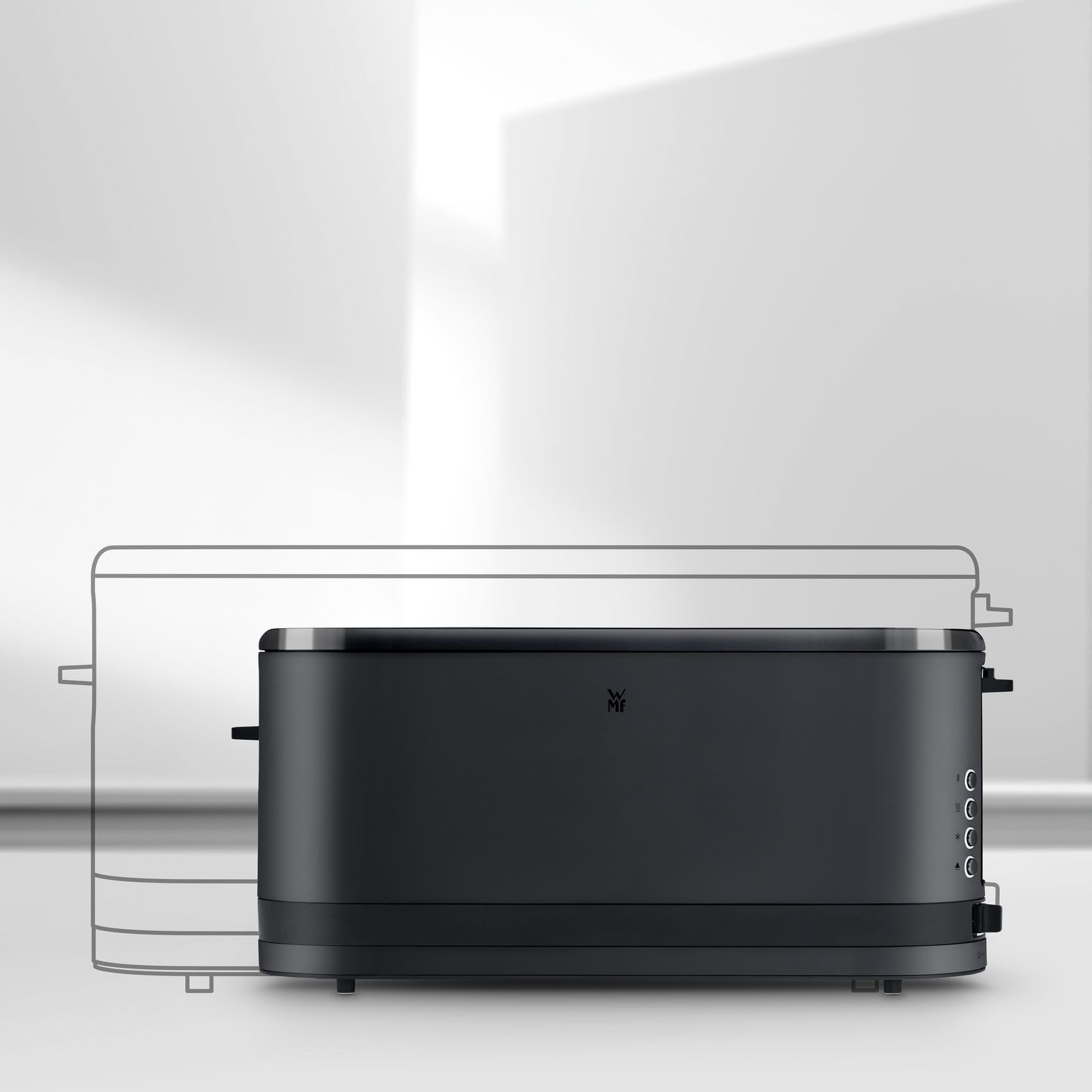 WMF Toaster KÜCHENminis Deep Black, Lanschlitztoaster, mit Brötchenaufsatz, 1 langer Schlitz, für 2 XXL-Toastscheiben, 900 W, 7 variable Bräunungsstufen, Brotzentrierung, Krümelschublade