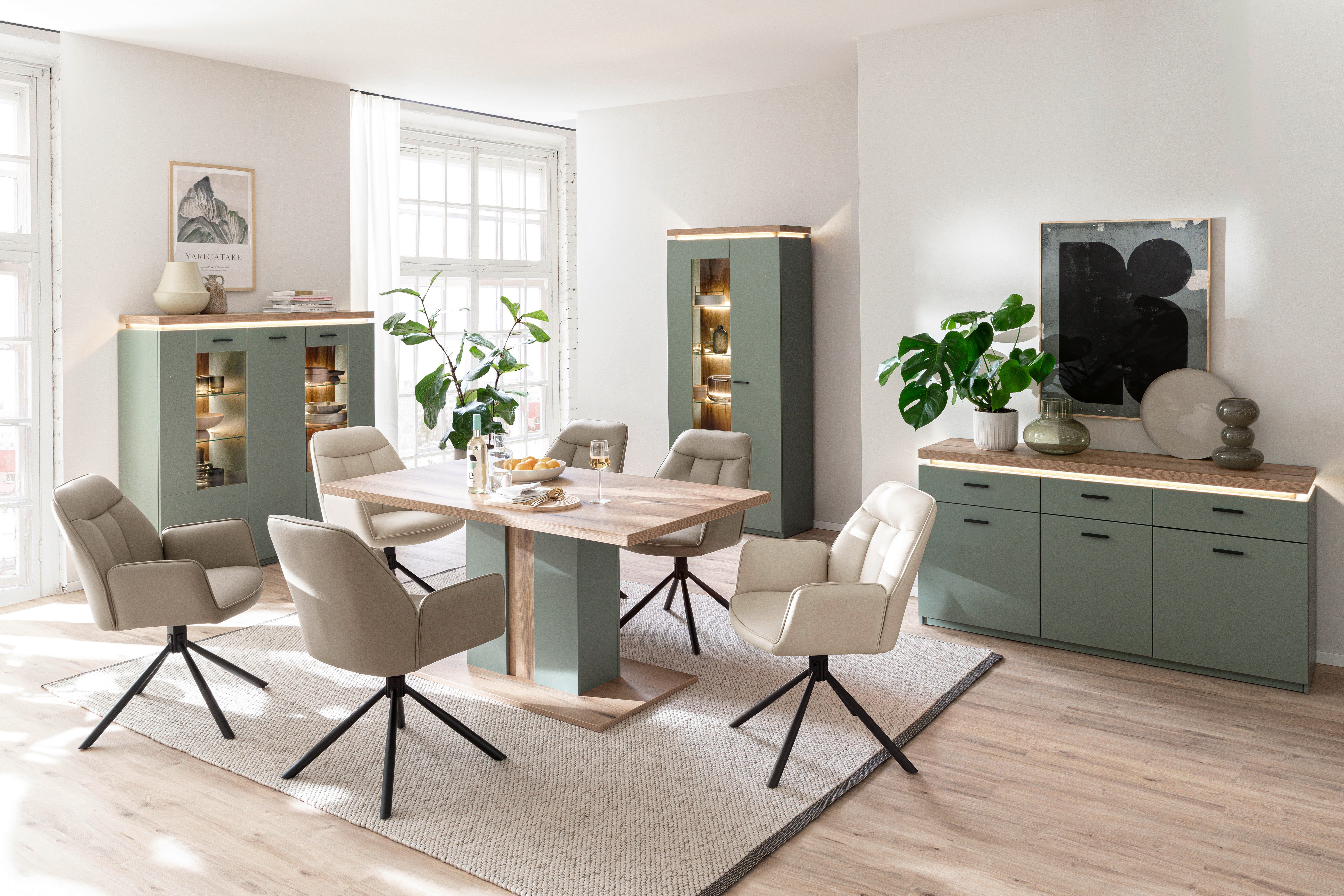 MCA furniture Sideboard MONIZ Sideboard (1 St), Kommode,Eiche Salbeigrün,3 Türen,3 Schubkästen,gedämpft,Breite 156 cm