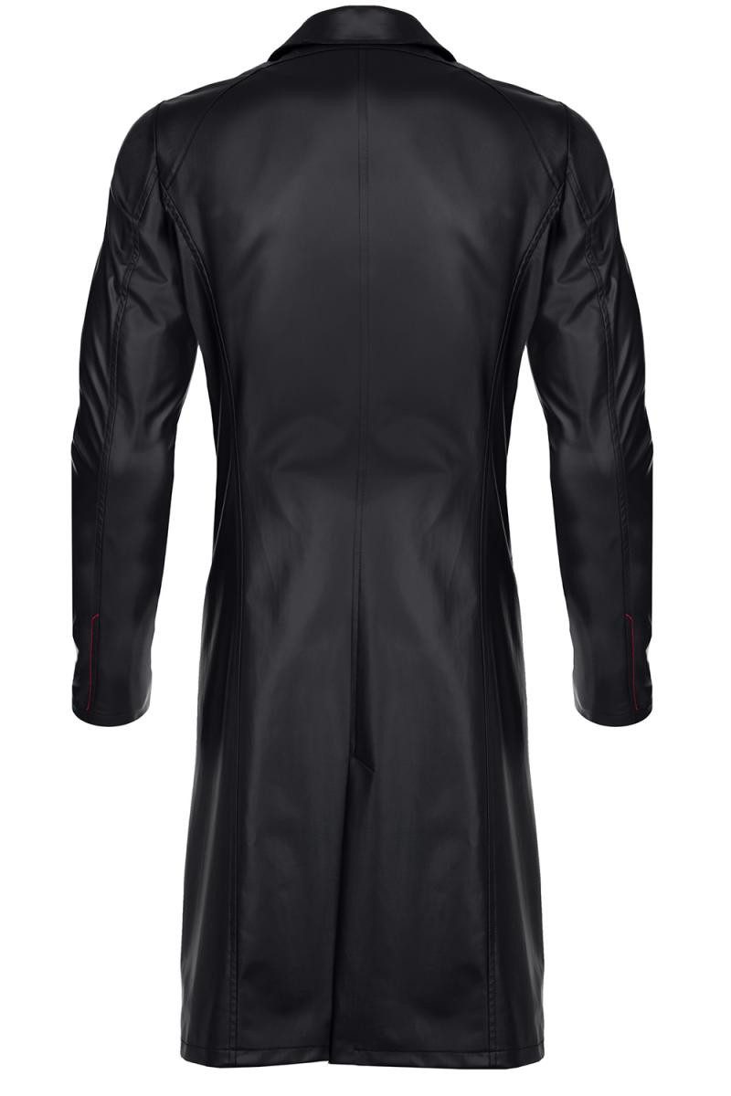 Regnes Fetish Planet Lederimitatmantel Herren Mantel schwarz aus Wetlook-Material Trenchcoat mit Taschen und
