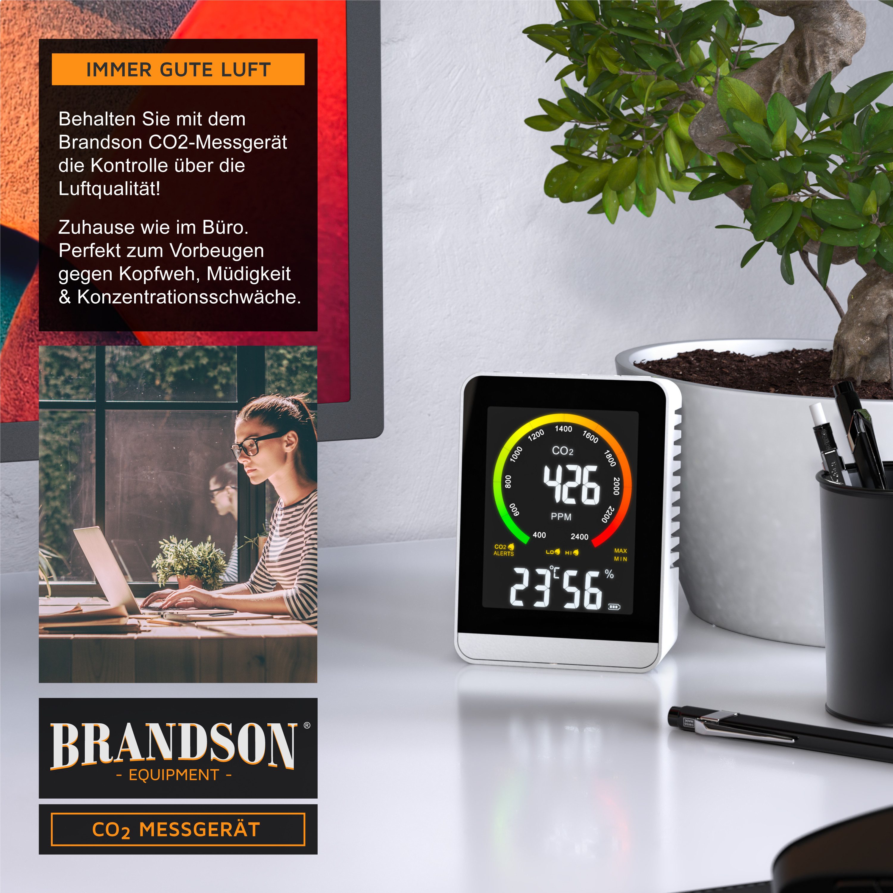 Brandson Raumluft-Qualitätssensor CO2 Messgerät, Luftqualität Melder, Kohlendioxidmessung, Warnmelder, (1-St), Sensor für Luftqualität, CO2 Messung, Präzise Kohlendioxidmessung