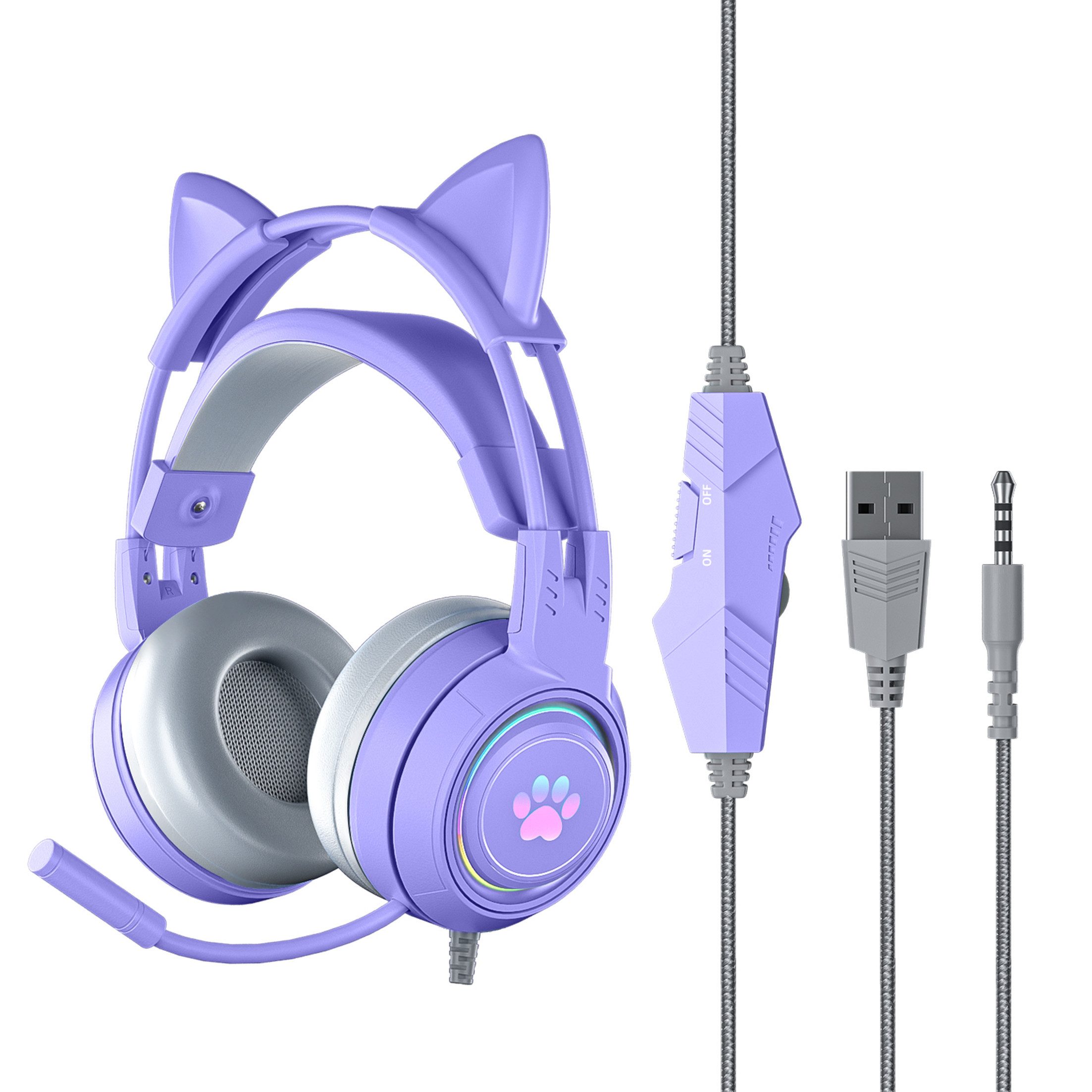 KINSI Gaming-Headset mit Katzenohren & RGB,kabelgebunden Gaming-Headset (360° Bügelmikrofon mit Geräuschunterdrückung)