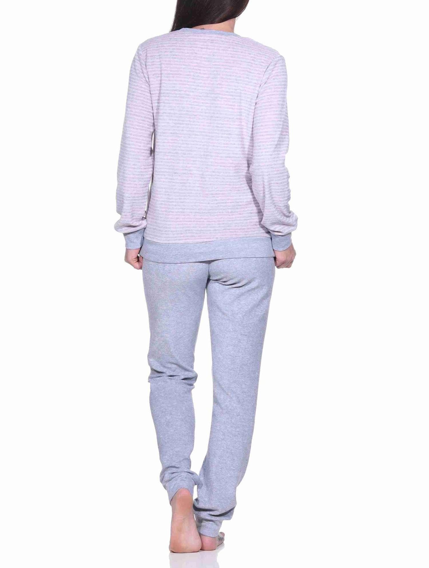 Normann Pyjama Damen Frottee Pyjama langarm mit Bündchen in Streifenoptik – Bild 3 von 5