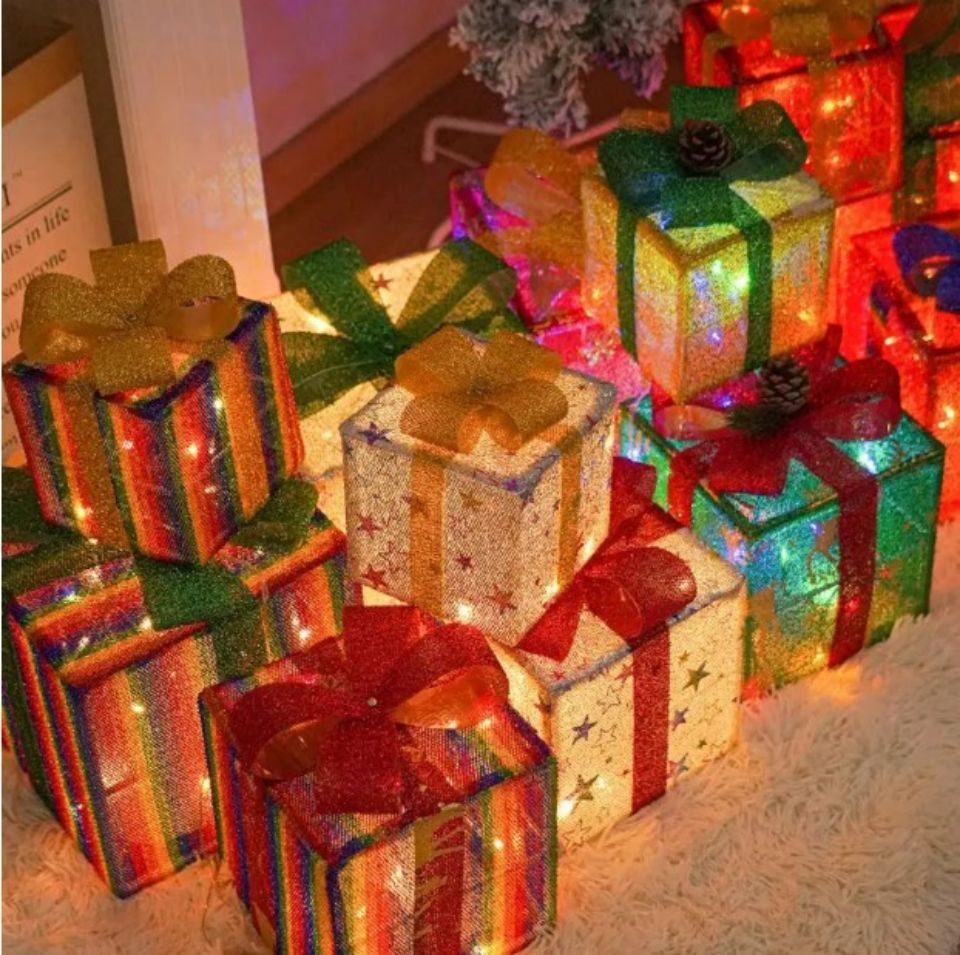 Ciskotu LED Dekolicht Weihnachtsdeko, mit Geschenkboxen betrieben, Warmweiß, Schleife Timer beleuchtet LED Batterie