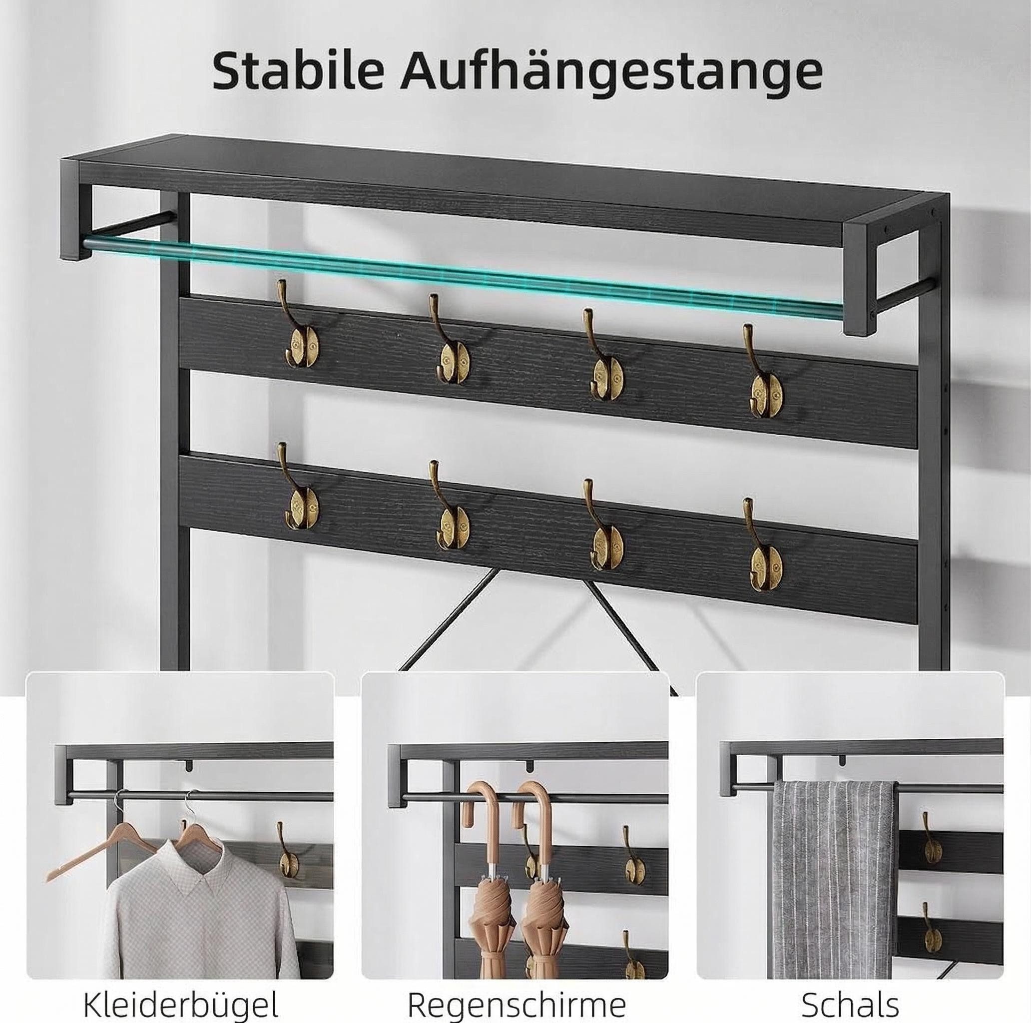 GarveeMore Garderobenständer 4-in-1 mit Sitzbank,3 Etagen Ablage und 8 Haken,183cm, mit Schuhbank,verstellbare Füße,Kleiderstange,101x40x183cm