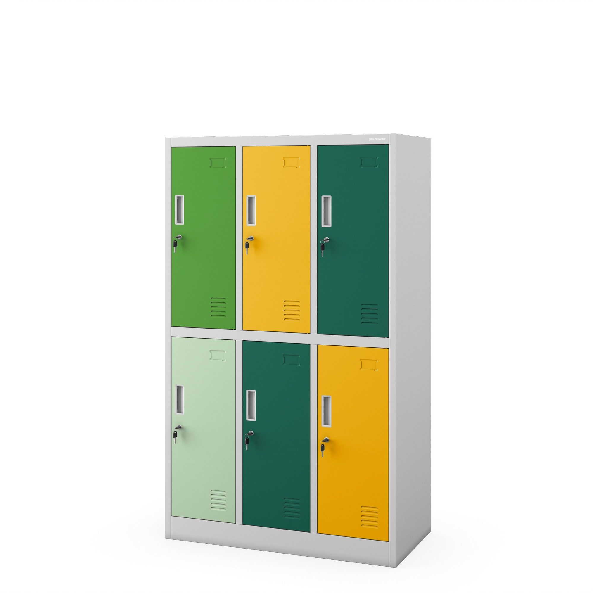 Jan Nowak Mehrzweckschrank Metall Schulspind 90 cm IGOREK 6 Fächer abschließbar 150 cm (Spind Kindergartenspind Umkleide Sportverein Flur Kinder, 0,6 mm 150 x 90 x 45 cm Wandmontage Zylinderschloss 30 kg 46 kg) Lüftungsschlitze Namensschildhalter Kleiderstange Ablage 5 Farben