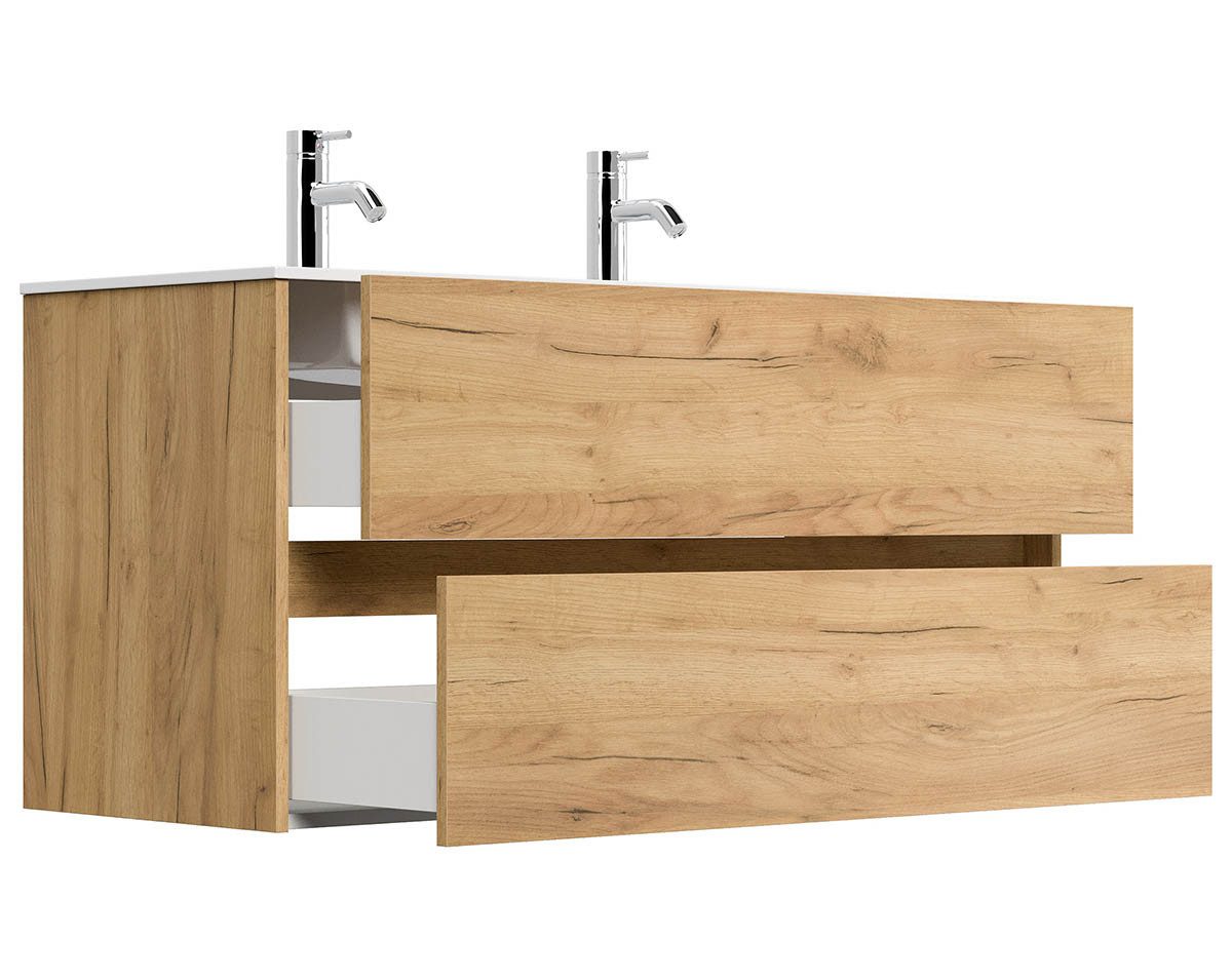 Posseik Waschtisch-Set Badmöbel Waschtisch LIMES 120cm, Doppel-Waschbecken, gold-eiche, (Badmöbel Set, 1-St., Waschtisch Set)