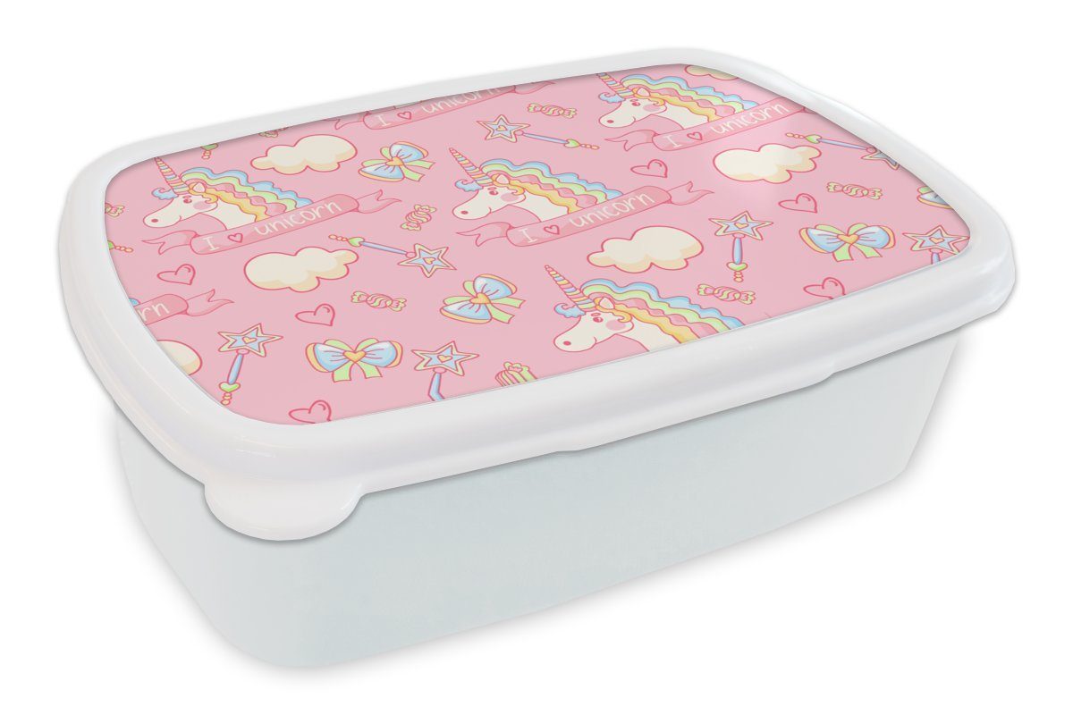 MuchoWow Lunchbox Einhorn - Rosa - Muster - Kind, Kunststoff, (2-tlg), Brotbox für Kinder und Erwachsene, Brotdose, für Jungs und Mädchen weiß