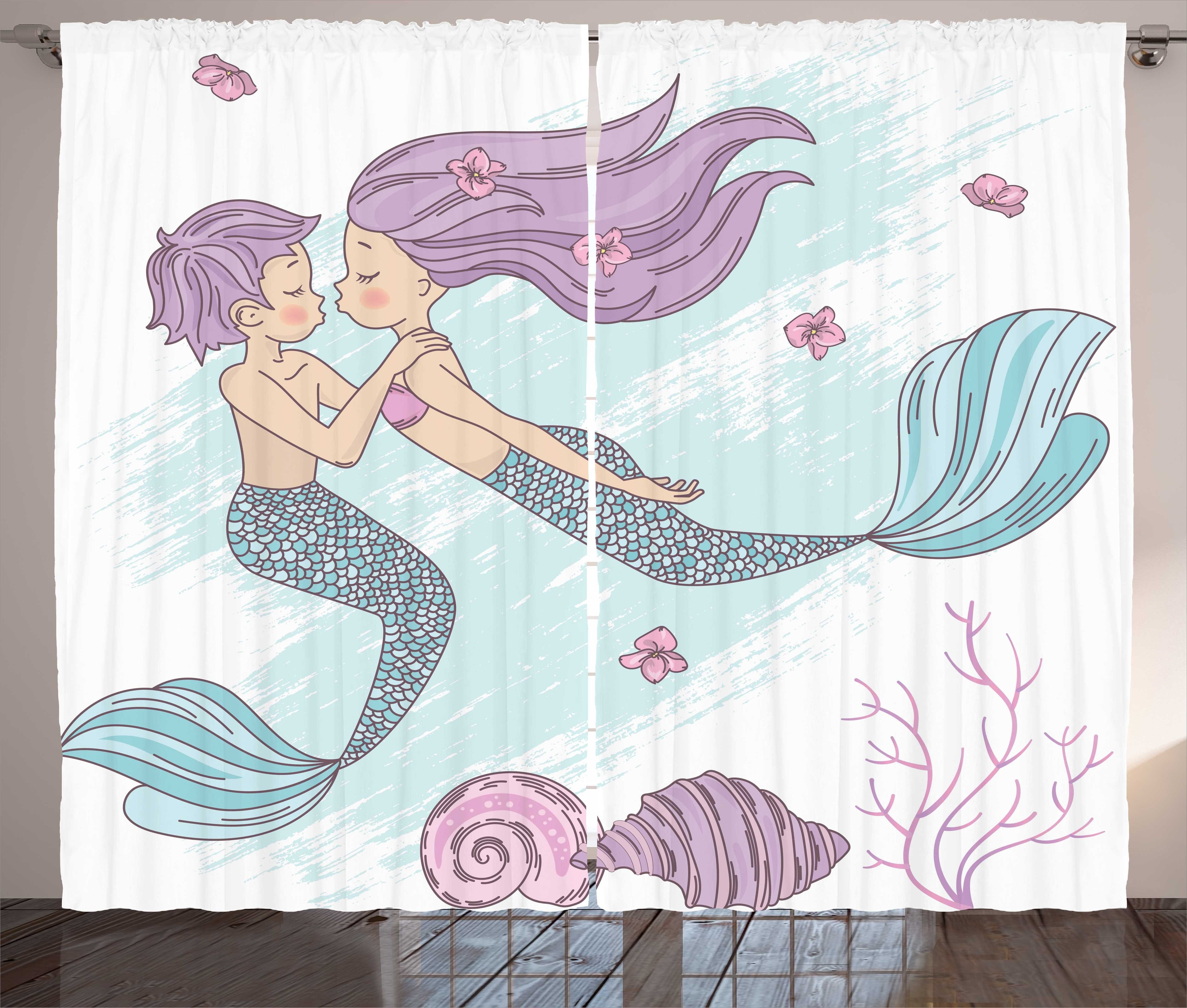 Gardine Schlafzimmer Kräuselband Vorhang mit Meerjungfrau Unterwasser-Paar Abakuhaus, Schlaufen und Haken