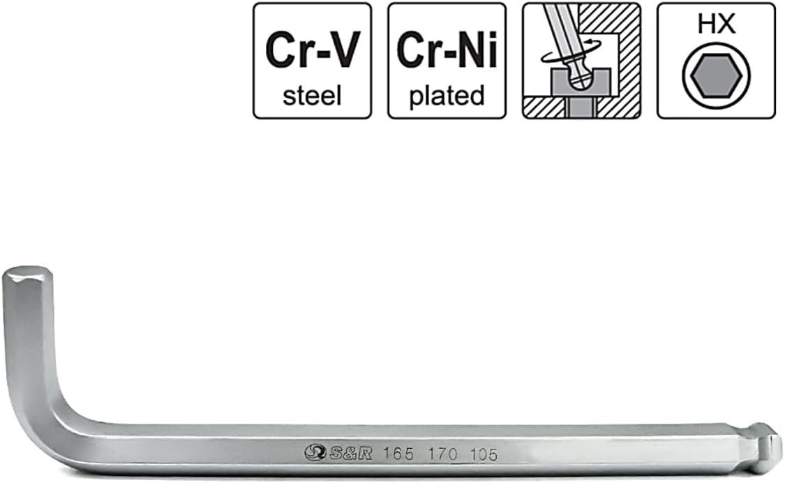 S&R Innensechskantschlüssel Winkelschlüssel Satz mit Kugelkopf, Sechskantschlüssel mit Clip (9-tlg, Metrisch 1,5; 2,0; 2,5; 3,0; 4,0; 5,0; 6,0; 8,0; 10,0), hochwertiger ChromVanadium Werkzeugstahl mit Chrom-Nickel-Beschichtung