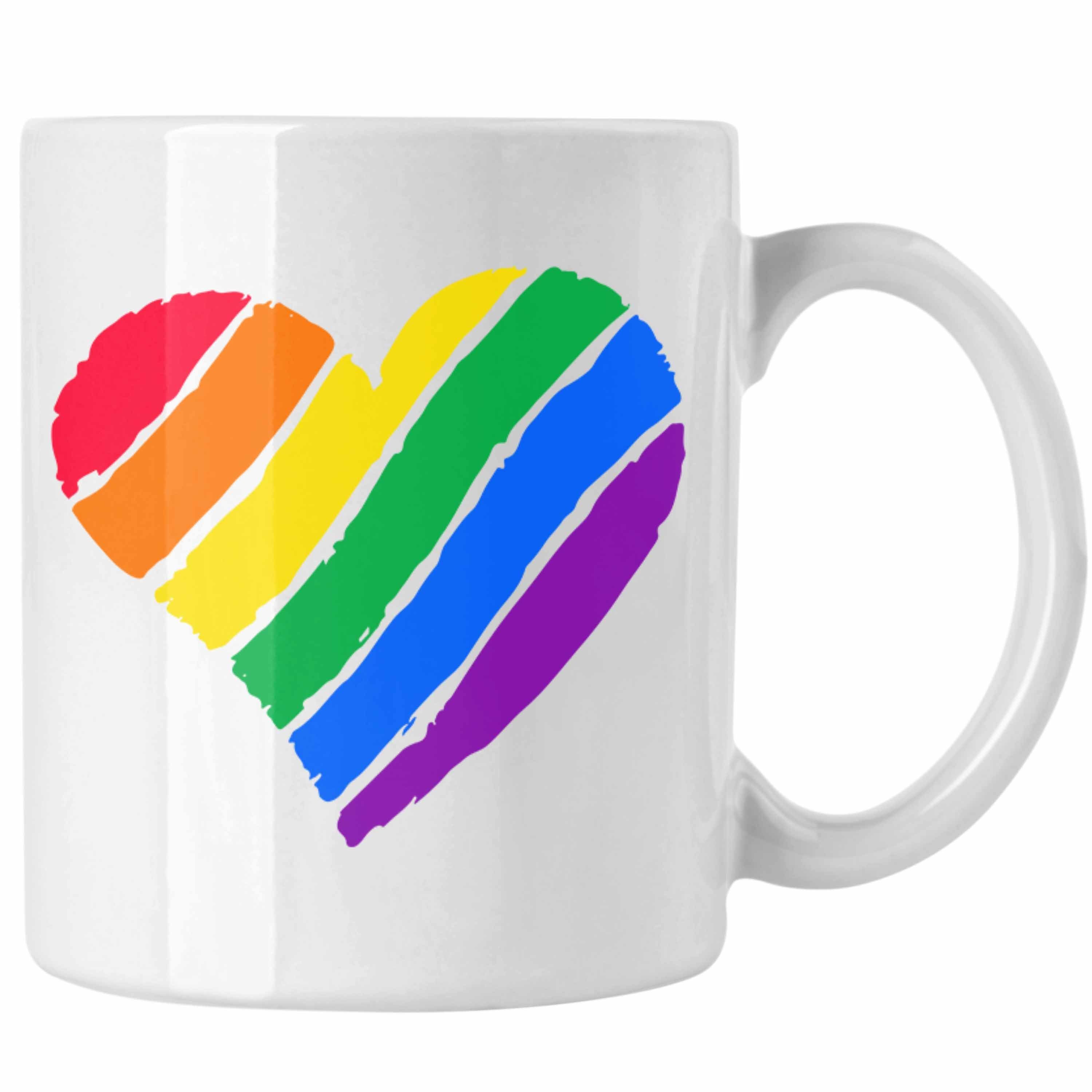 Trendation Tasse Trendation - Regenbogen Tasse Geschenk LGBT Schwule Lesben Transgender Grafik Pride Herz Weiss