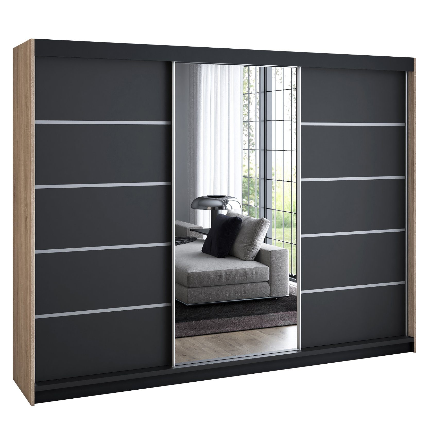 A&J MöbelLand GmbH Schwebetürenschrank VILANO mit 4 Schubladen und Spiegel (TOP ANGEBOT! Geräumiger Schrank mit einer Breite von 200 cm und Spiegel, ideal zur Aufbewahrung von Kleidung und Accessoires. 4 Schubladen und viel Stauraum. TOP PRODUKT! Wählen Sie das ideale Modell für Ihr Schlafzimmer!, Inclusive 4 Schubladen) Breite: 200 cm, Höhe: 215 cm, Tiefe: 59,5 cm