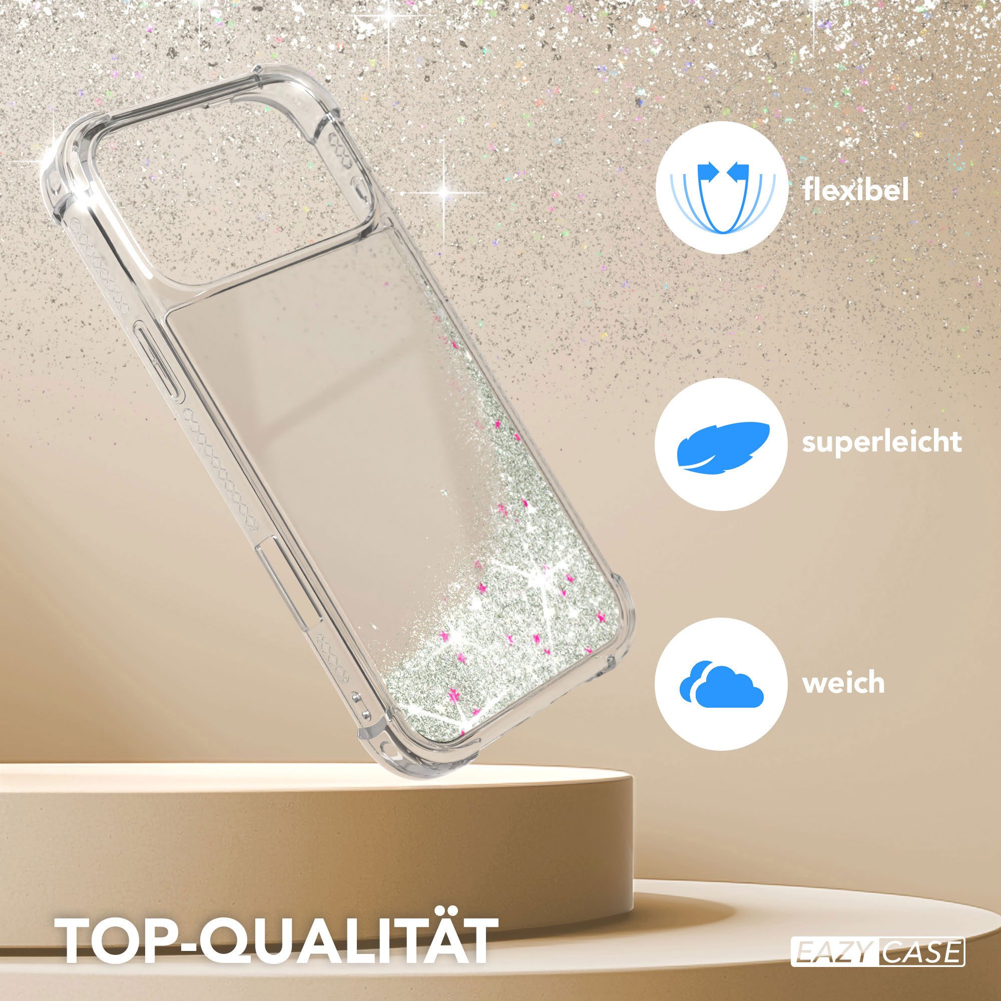 EAZY CASE Handyhülle Liquid Glittery Case für Apple iPhone 17 Pro Max 6,9 Zoll, Kratzfeste Silikonhülle stoßfestes Back Cover Phone Case Etui Silber – Bild 3 von 5
