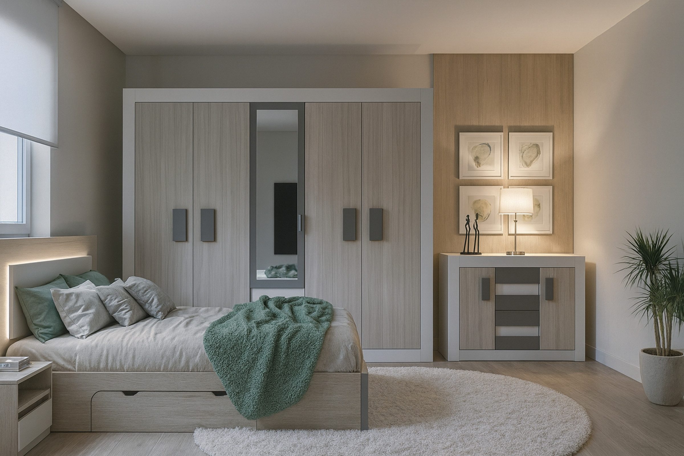 Deine Möbel 24 Schlafzimmer-Set HEAVEN II Komplettschlafzimmer Kleiderschrank 230 cm breit, (Drehtürenschrank Kleiderschrank mit Spiegeltüren Kommode 2x Nachttisch Doppelbett 160x200 inkl. Lattenrost und LED-Beleuchtung, 5-tlg., Set), mit LED-Beleuchtung Matratze optional