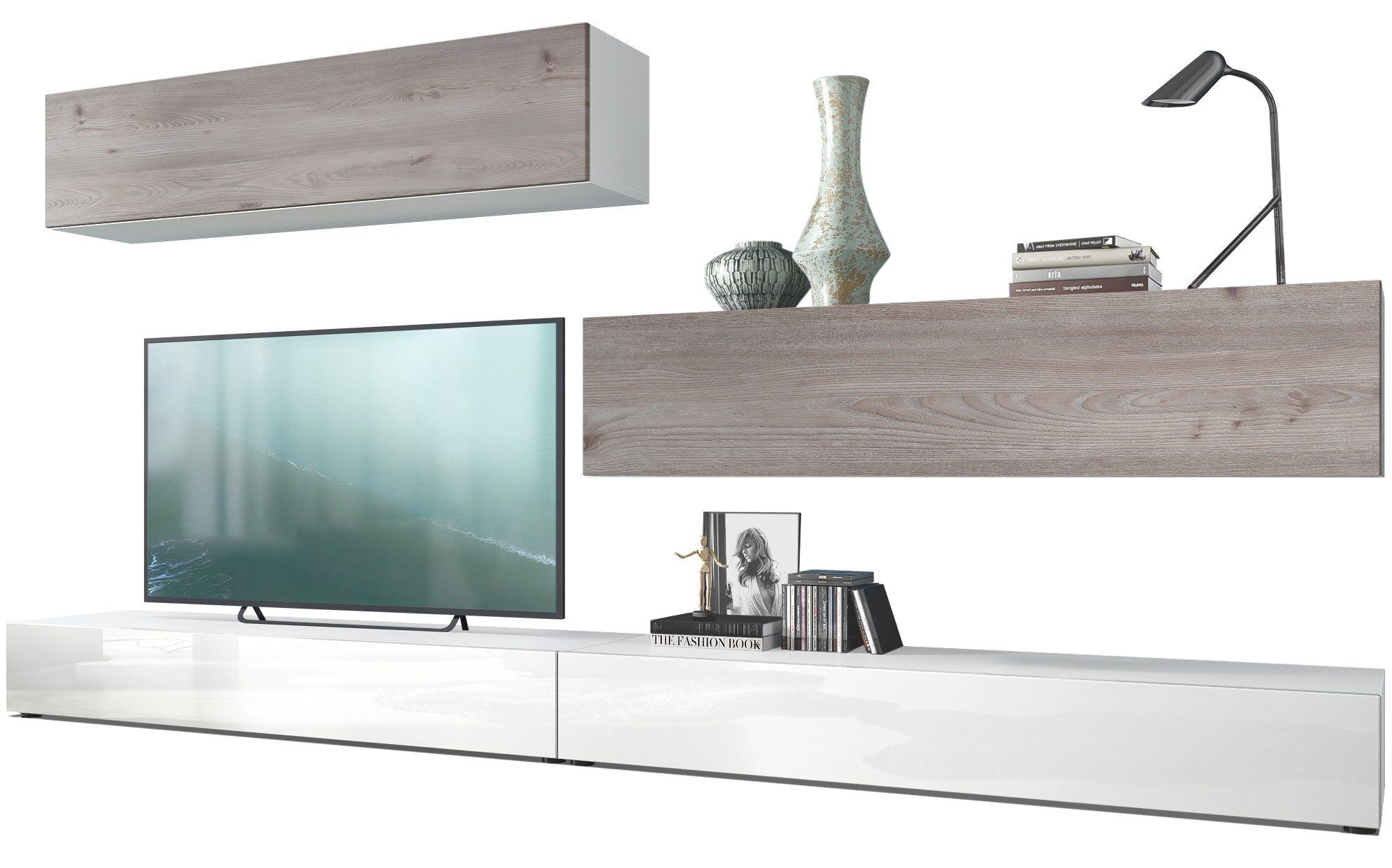 Vladon Wohnwand Nublo, (Anbauwand, mit Rückwand mit 2 Klappen und 2 Sockelelementen), Korpus Weiß matt, Weiß glänzend und Eiche Nordic (280x147x39 cm)