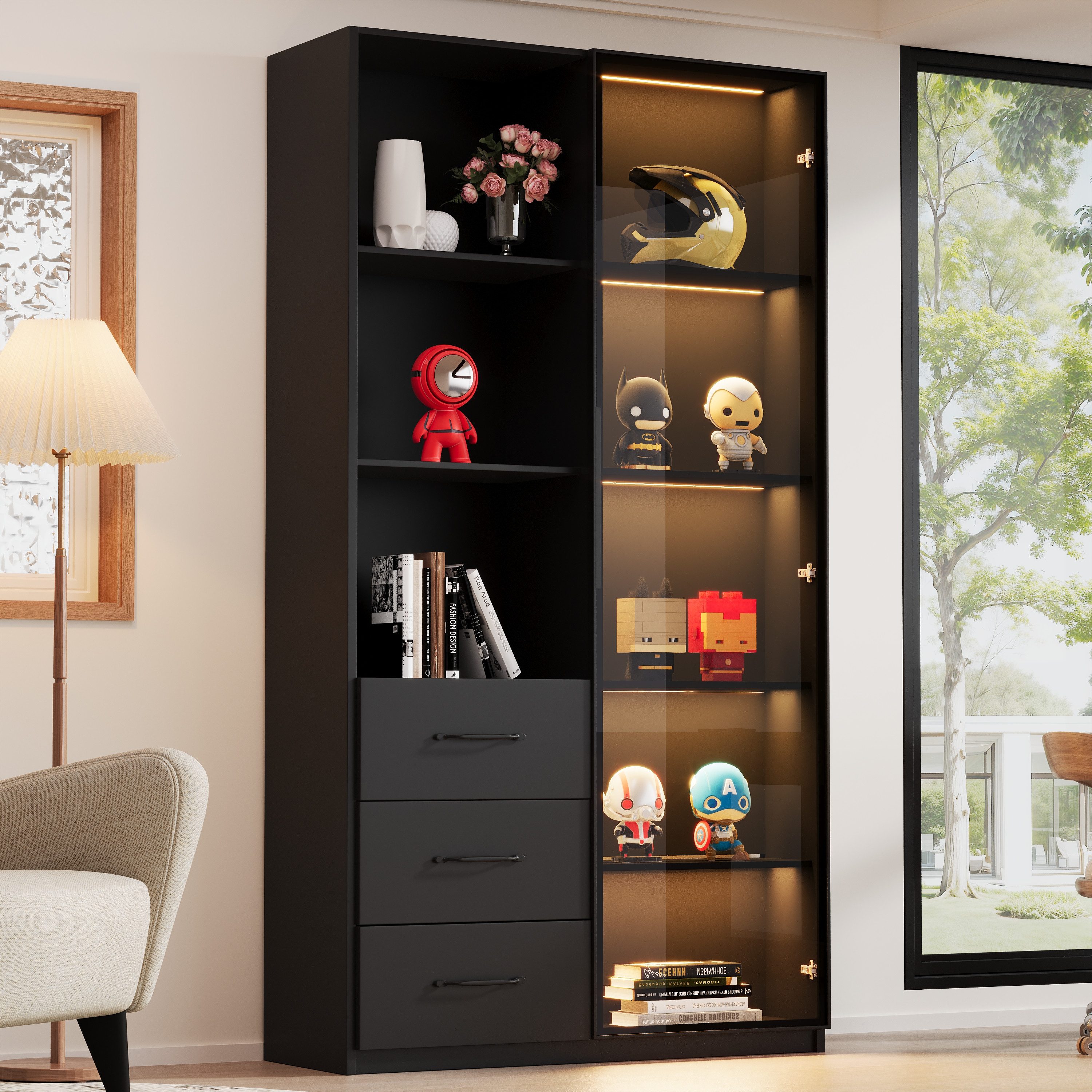 Flieks Vitrine Glasvitrine mit LED-Beleuchtung, Glastüren und Schubladen (80x40x160 cm, 1-St., Schrank für Wohnzimmer, Arbeitszimmer, Schlafzimmer und Büro) Hochschrank Bücherschrank Küchenschrank mit 8 Fächern Schwarz