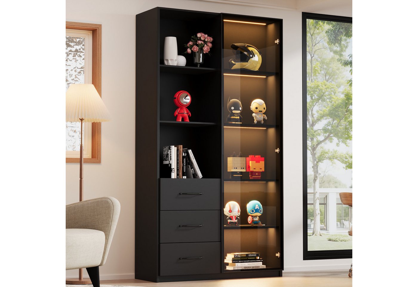 Flieks Vitrine Glasvitrine mit LED-Beleuchtung, Glastüren und Schubladen (80x40x160 cm, 1-St., Schrank für Wohnzimmer, Arbeitszimmer, Schlafzimmer und Büro) Hochschrank Bücherschrank Küchenschrank mit 8 Fächern Schwarz