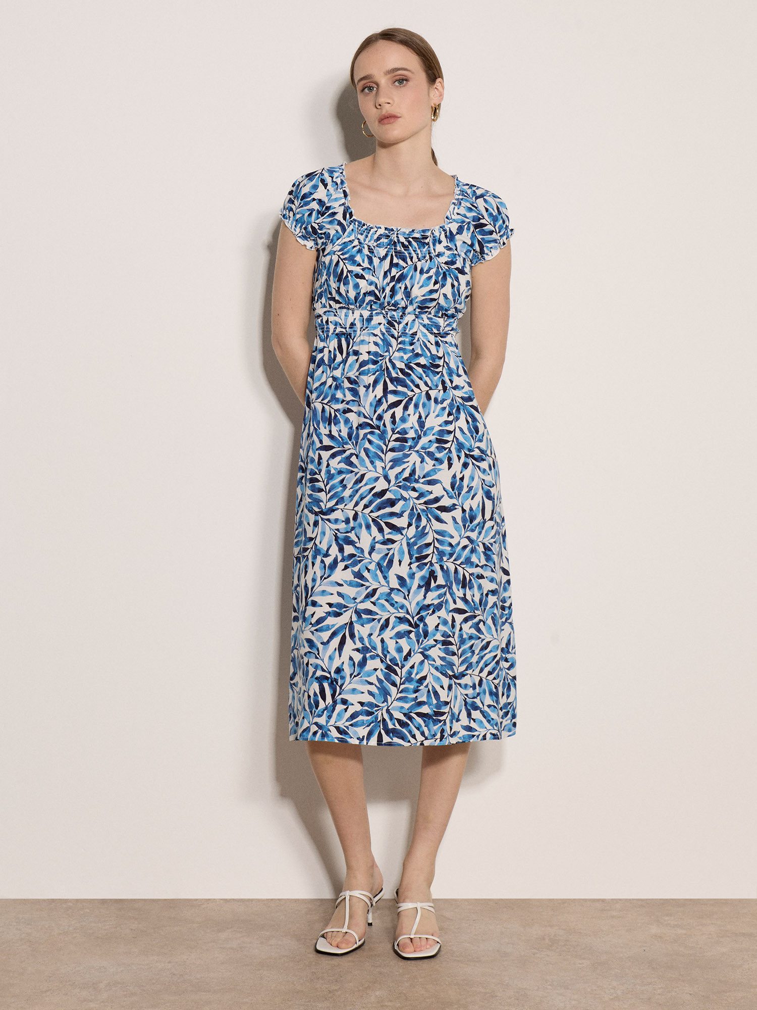 Apricot Midikleid Druckkleid mit Blattmuster