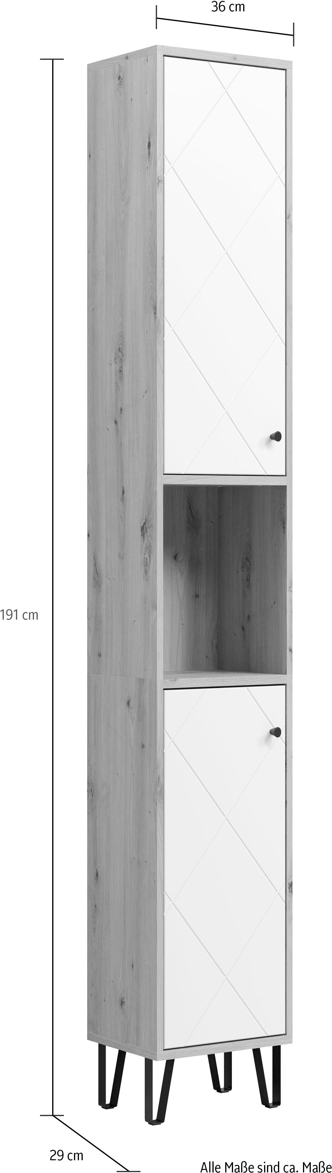 2 (1-St) braune cm, matt, Holzoptik Türen, weiß 36 Breite Hochschrank Retro / trendteam Touch Metallfüße,