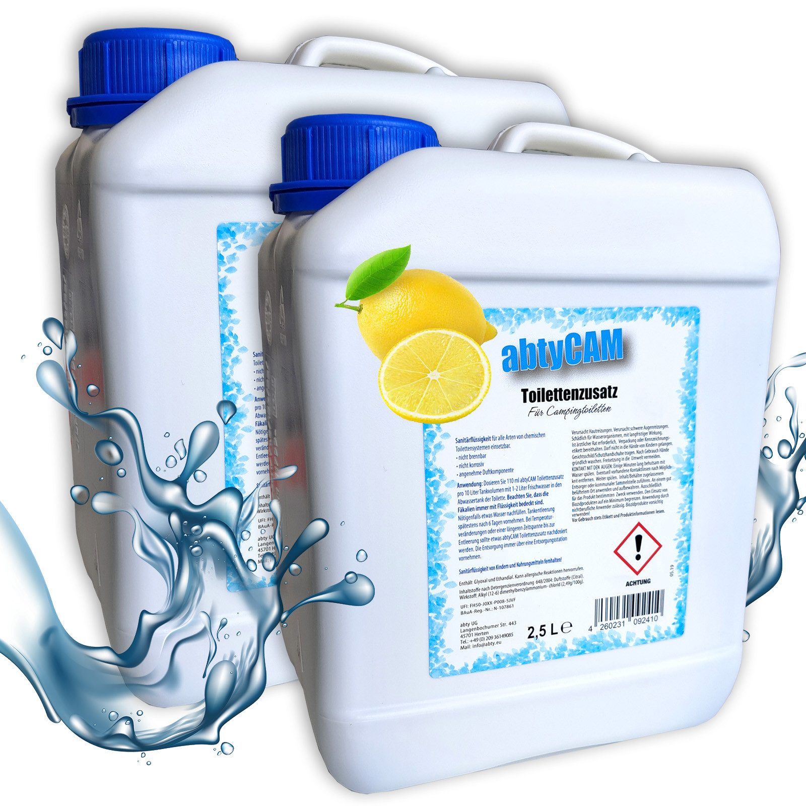BlueCraft Sanitärflüssigkeit 2,5 L für mobile Camping Toiletten Sanitärzusatz Campingtoilettenreiniger (Toilettenzusatz WC Konzentrat Tankzusatz mit Citronenduft, [2-St. Sanitärkonzentrat für Abwassertank Zusatz für Chemietoiletten)